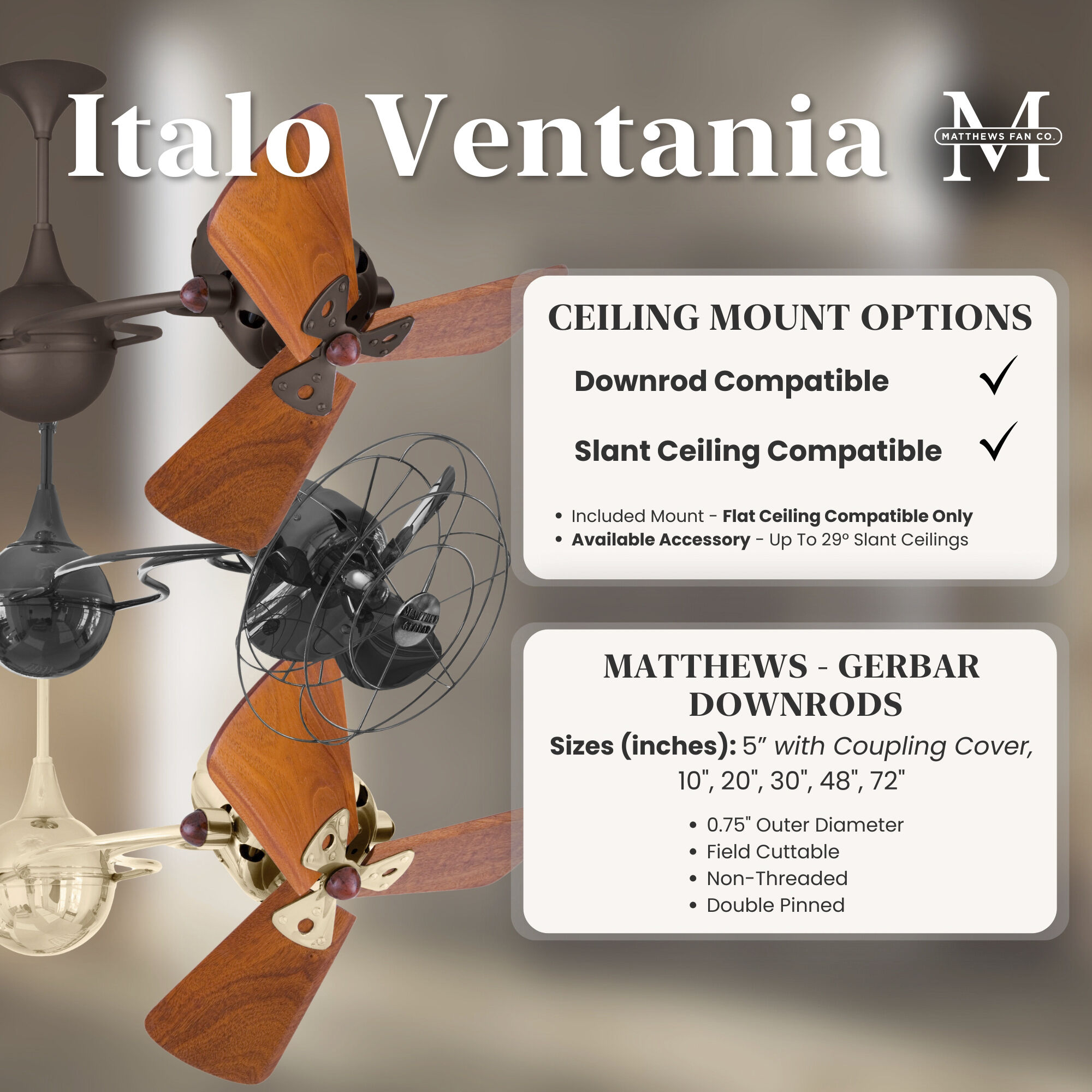 Matthews-Gerbar Italo Ventania 16 inch Brushed Nickel with Solid Mahogany Wood Blades Rotational Ceiling Fan, Matthews-Gerbar