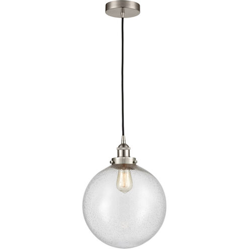 Edison Beacon LED 12 inch Brushed Satin Nickel Mini Pendant Ceiling Light in Seedy Glass