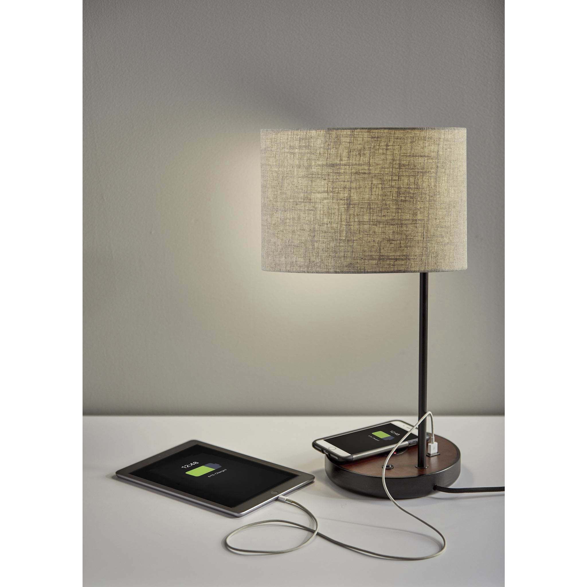 Oliver 20 inch 100.00 watt Matte Black and Walnut Poplar Wood Table Lamp Portable Light, with AdessoCharge Wireless Charging Pad and USB Port 