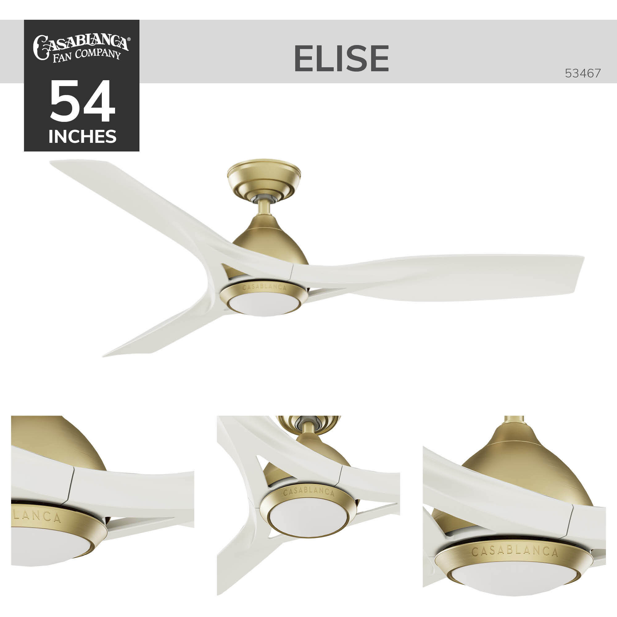 Elise 54 inch Alturas Gold with Fresh White Blades Outdoor Ceiling Fan