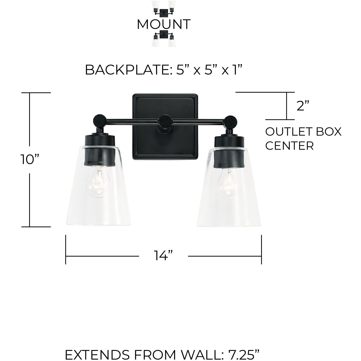 Rory 2 Light 14 inch Matte Black Vanity Light Wall Light