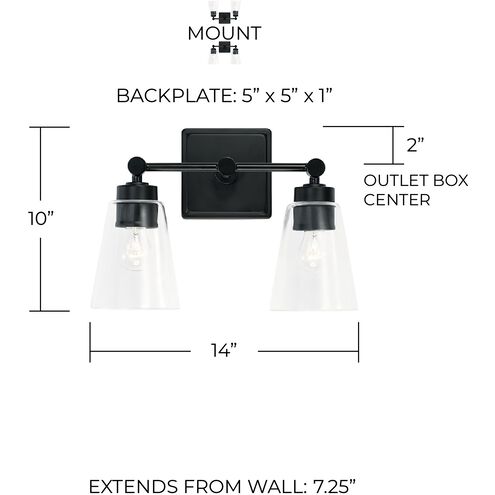 Rory 2 Light 14 inch Matte Black Vanity Light Wall Light