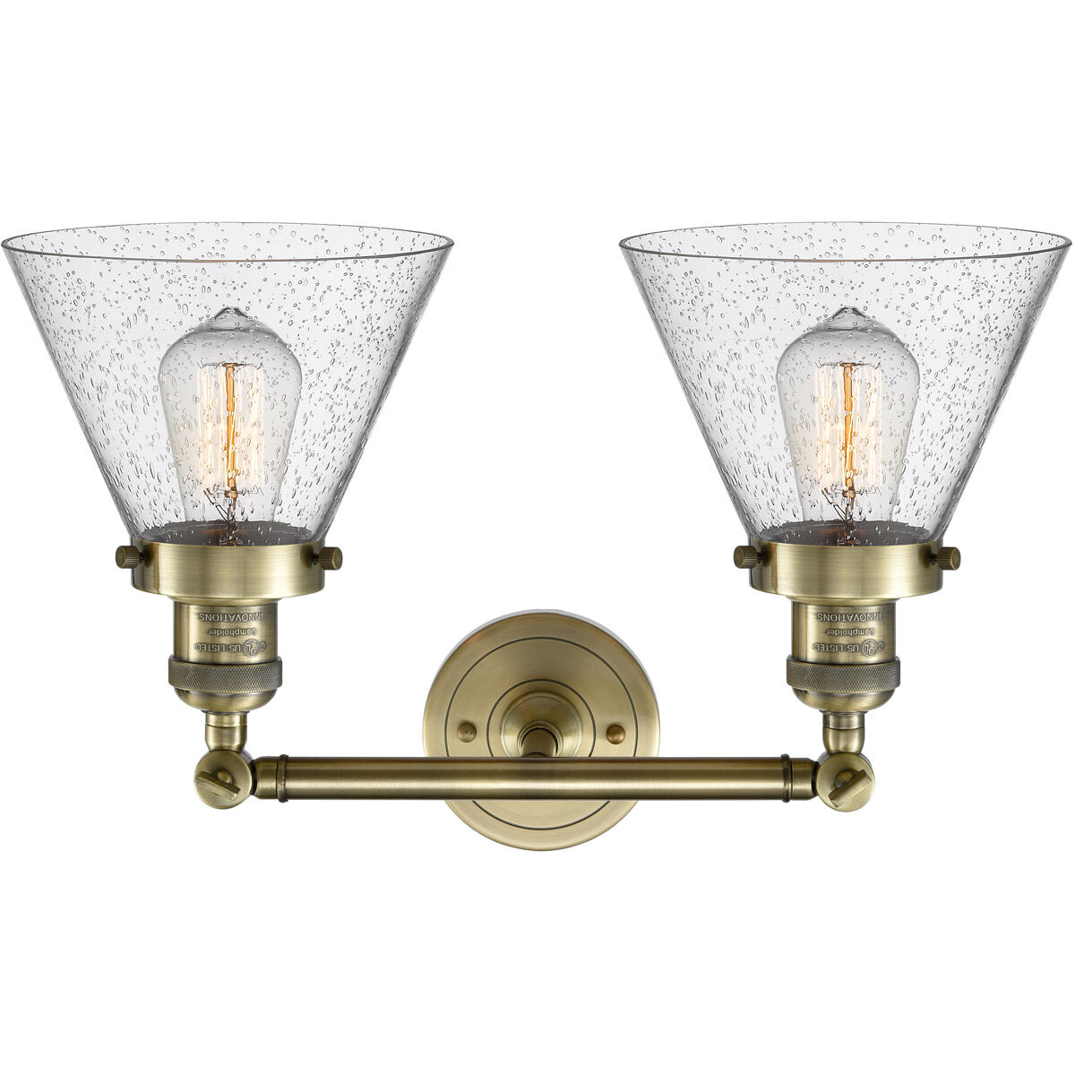 Franklin Restoration Large Cone LED 18 inch Antique Brass Bath Vanity Light Wall Light in Seedy Glass, Franklin Restoration
