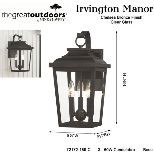 Great Outdoors Irvington Manor 3 Light 16.75 inch Chelesa Bronze Outdoor Wall Mount in Incandescent, Clear Glass
