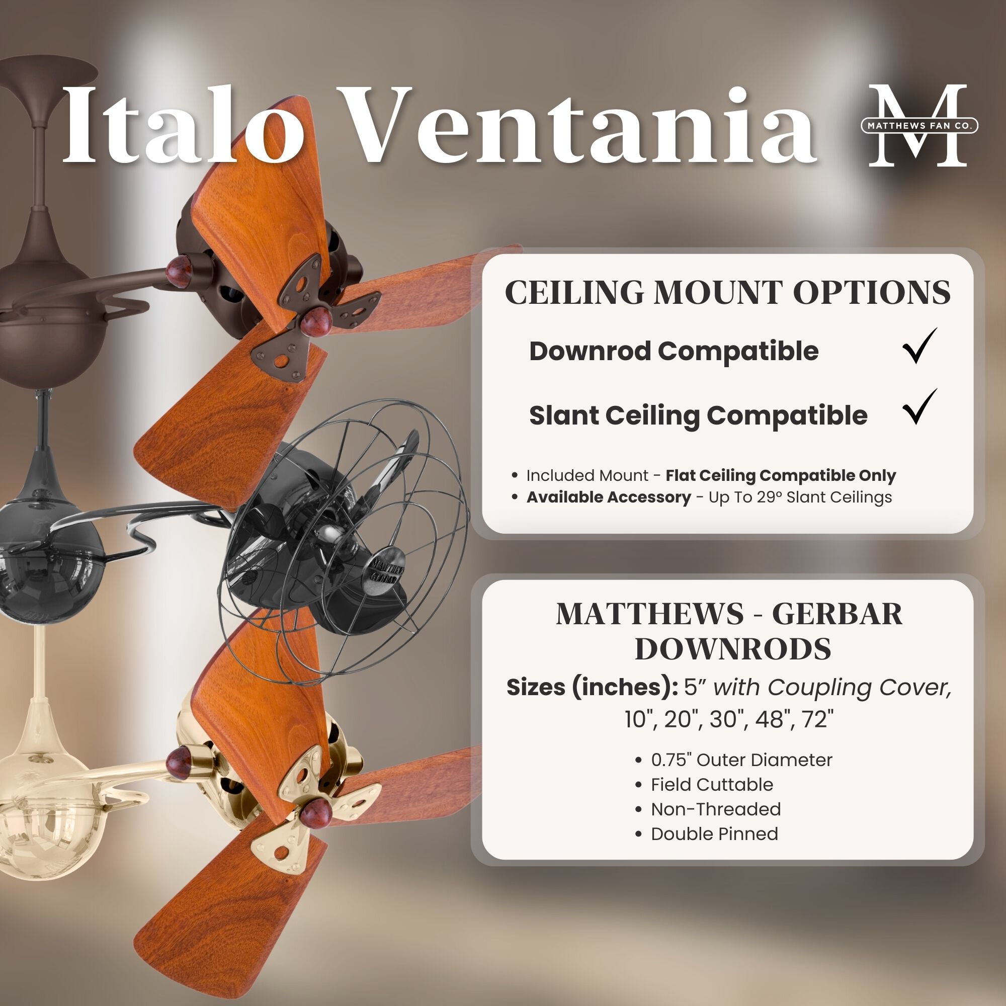 Matthews-Gerbar Italo Ventania 16 inch Brushed Nickel with Solid Mahogany Wood Blades Rotational Ceiling Fan, Matthews-Gerbar