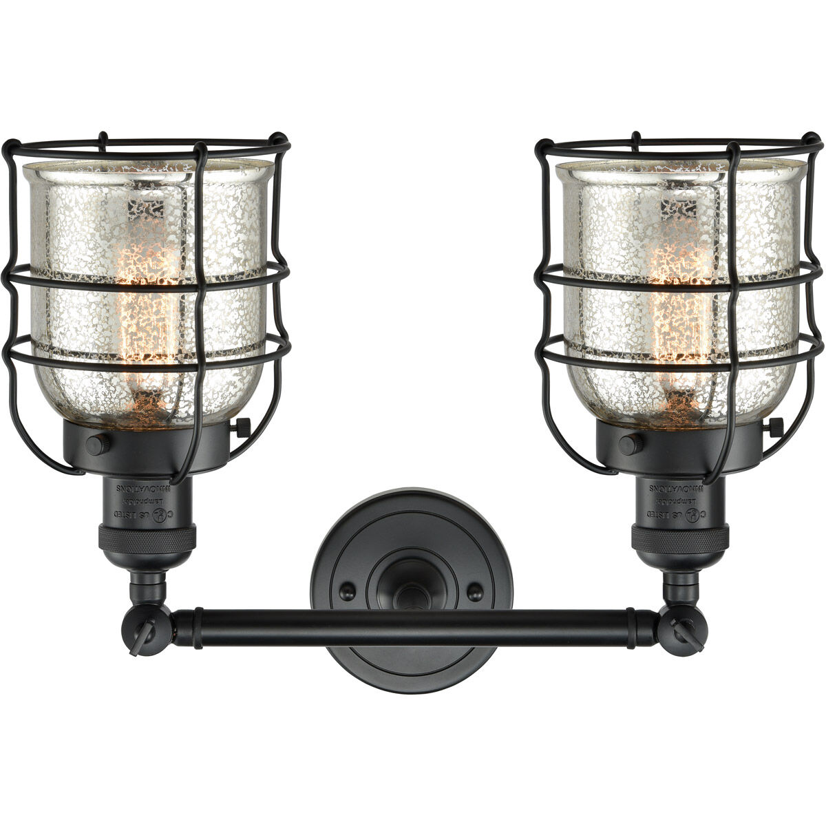 Franklin Restoration Small Bell Cage 2 Light 16 inch Matte Black Bath Vanity Light Wall Light in Silver Plated Mercury Glass, Franklin Restoration