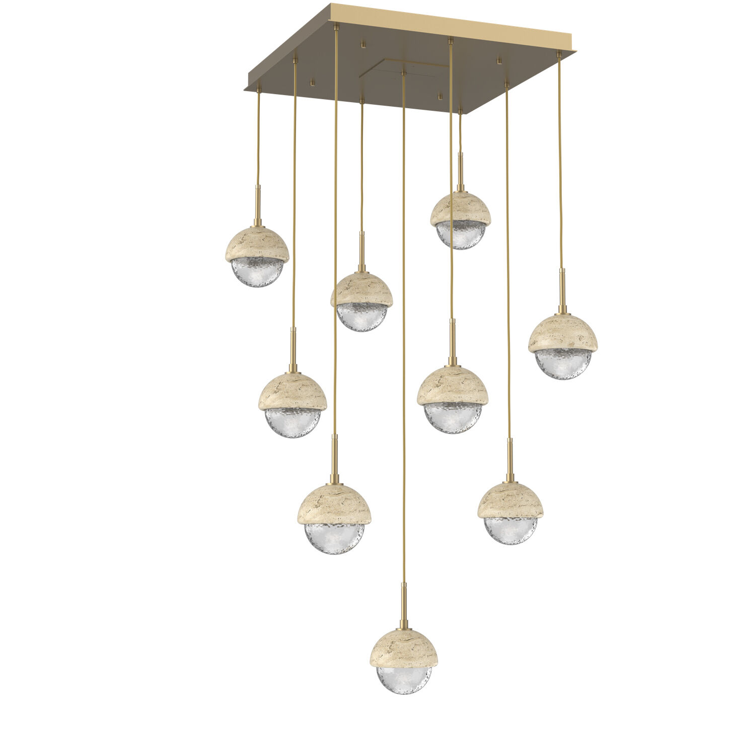 Cabochon LED Gilded Brass with Travertine Stone Pendant Chandelier Ceiling Light in 3000K LED, Clear
