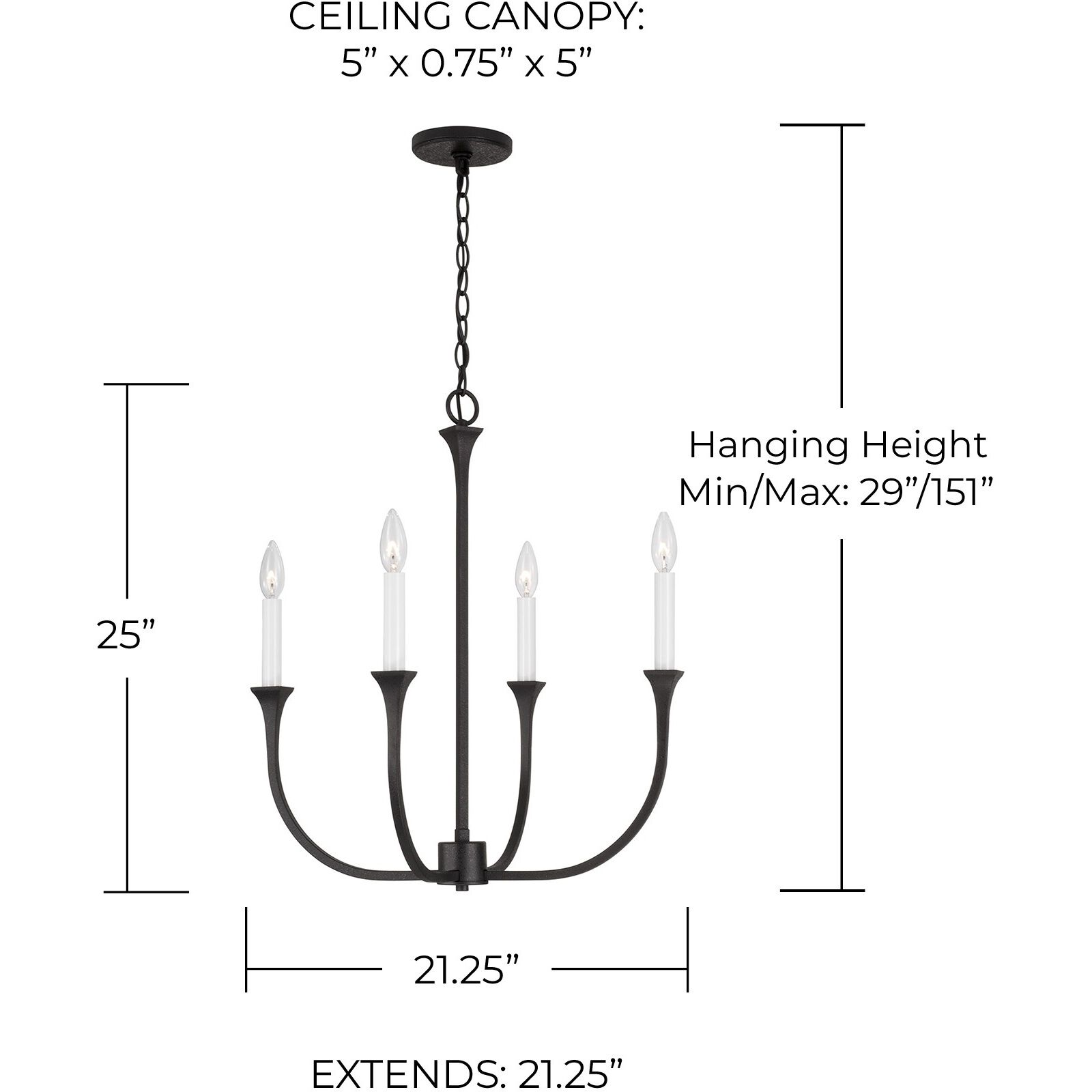 Decklan 4 Light 21.25 inch Black Iron Chandelier Ceiling Light