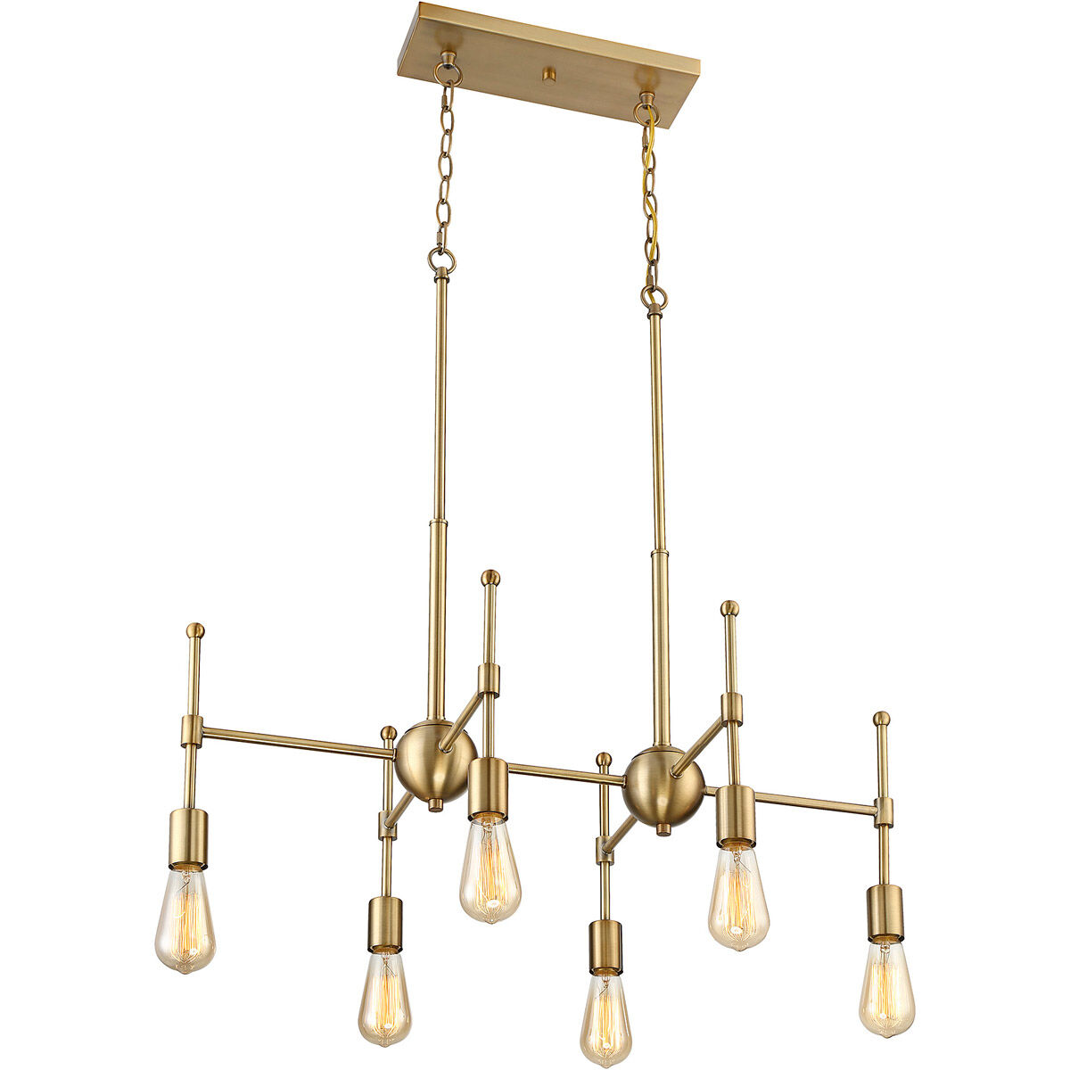 Mid-Century Modern 6 Light 30.5 inch Natural Brass Linear Chandelier Ceiling Light