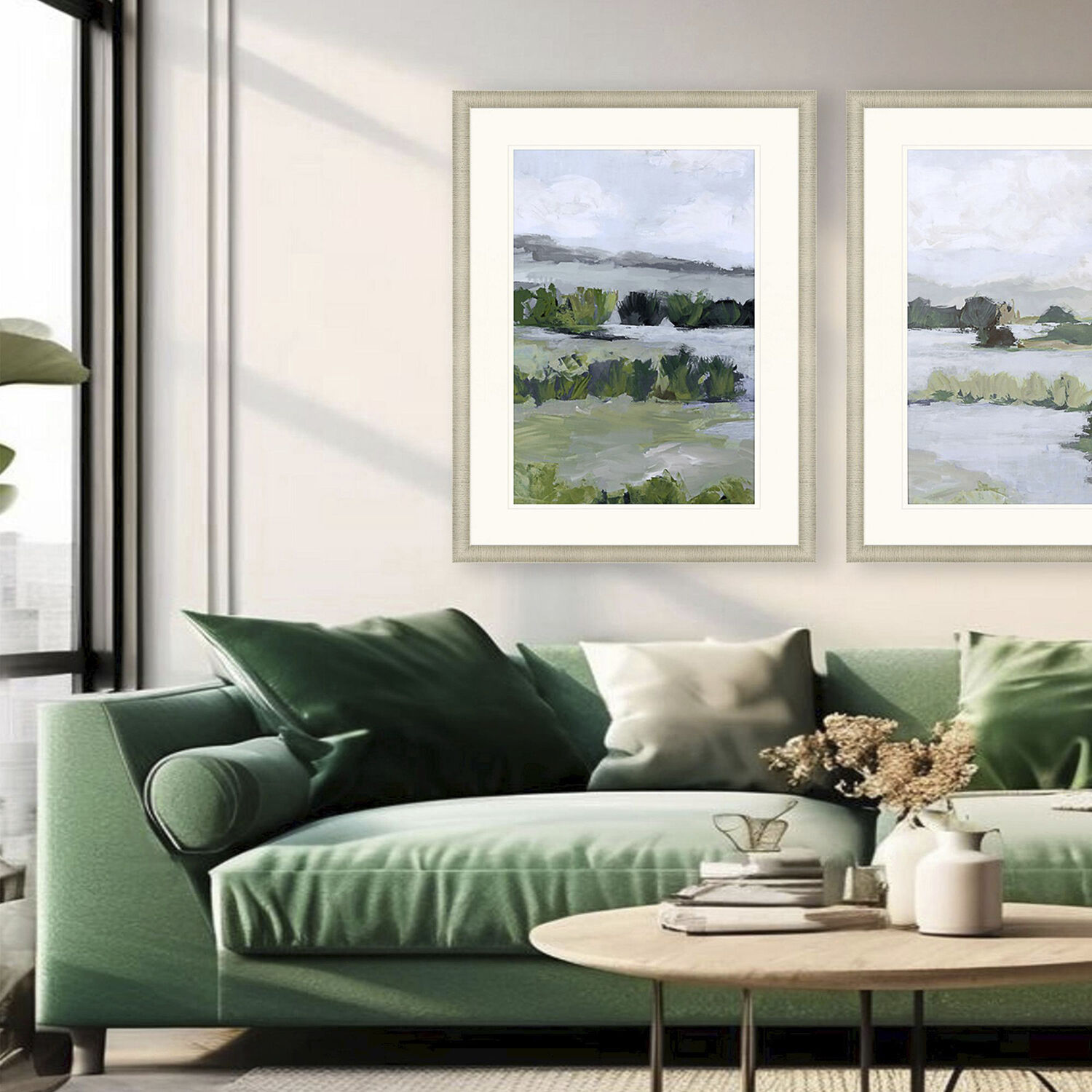 Here Comes the Sun Green and Neutral and White Framed Art