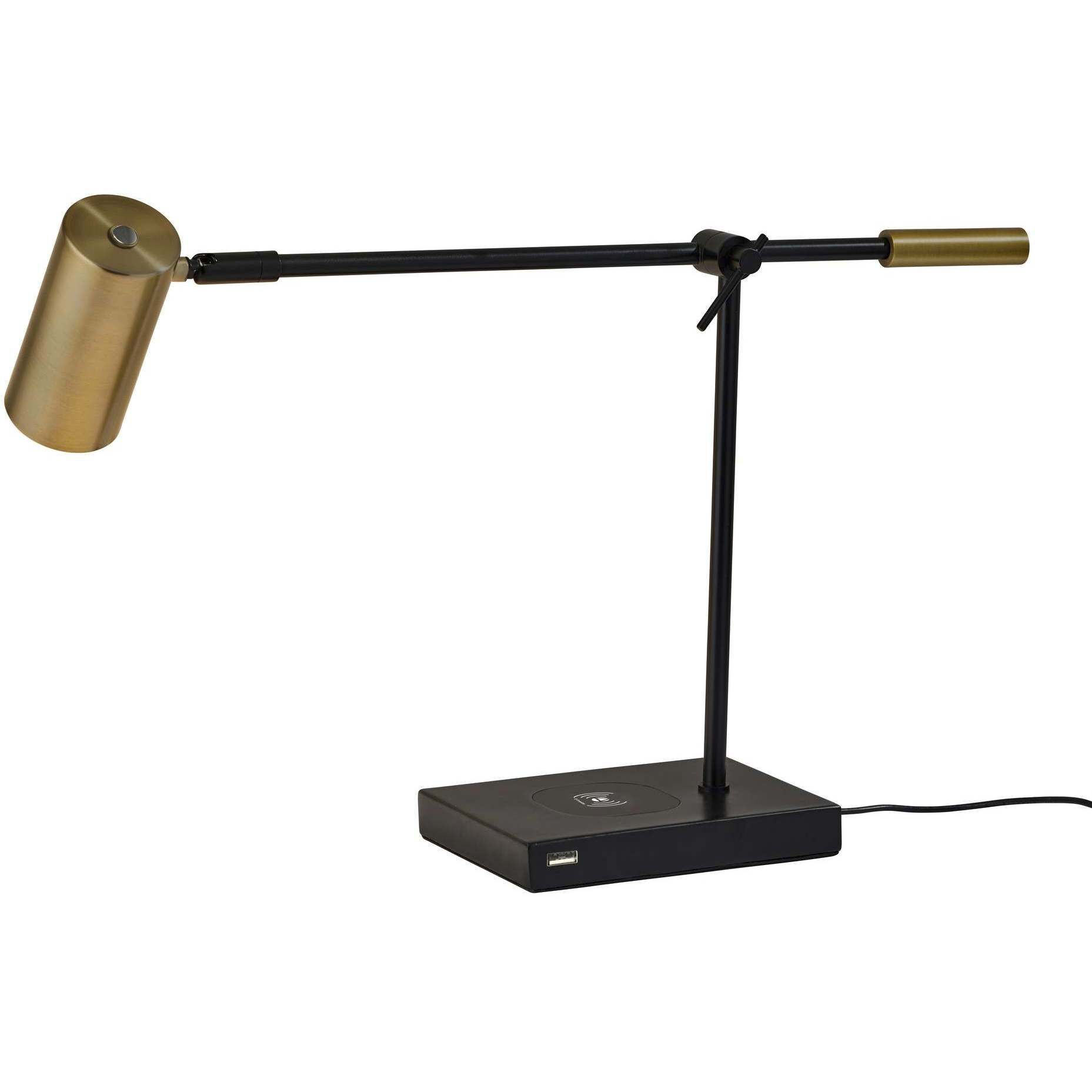 Collette 12 inch 7.00 watt Black and Antique Brass Desk Lamp Portable Light, with AdessoCharge Wireless Charging Pad and USB Port