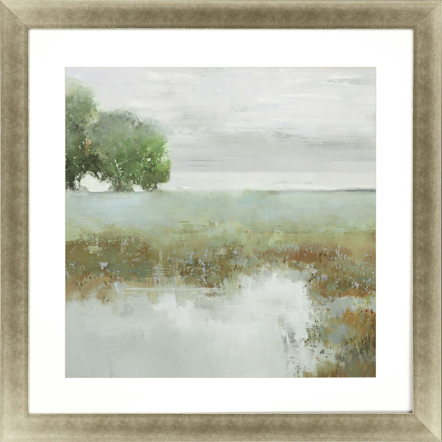 Trees and Creek Green and Gray and Brown and White Framed Art