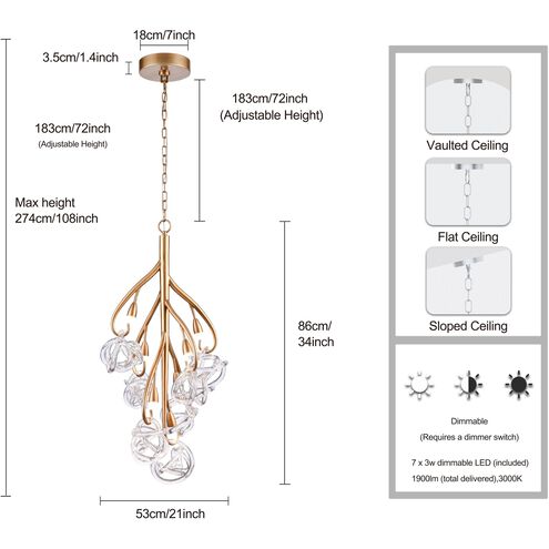 Freeform LED 21 inch Antique Gold Leaf Chandelier Ceiling Light, Converts to Semi Flush
