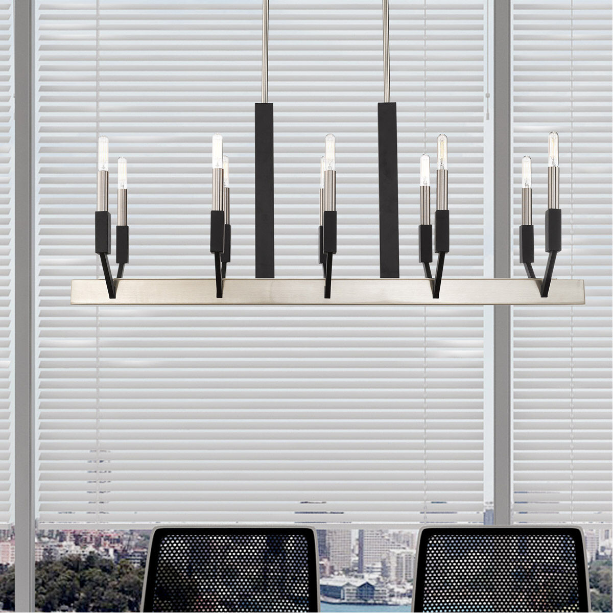 Beckett 10 Light 40 inch Brushed Nickel & Black Linear Chandelier Ceiling Light