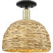 Arcadia Woven Rattan 1 Light 12 inch Black Antique Brass Semi-Flush Mount Ceiling Light