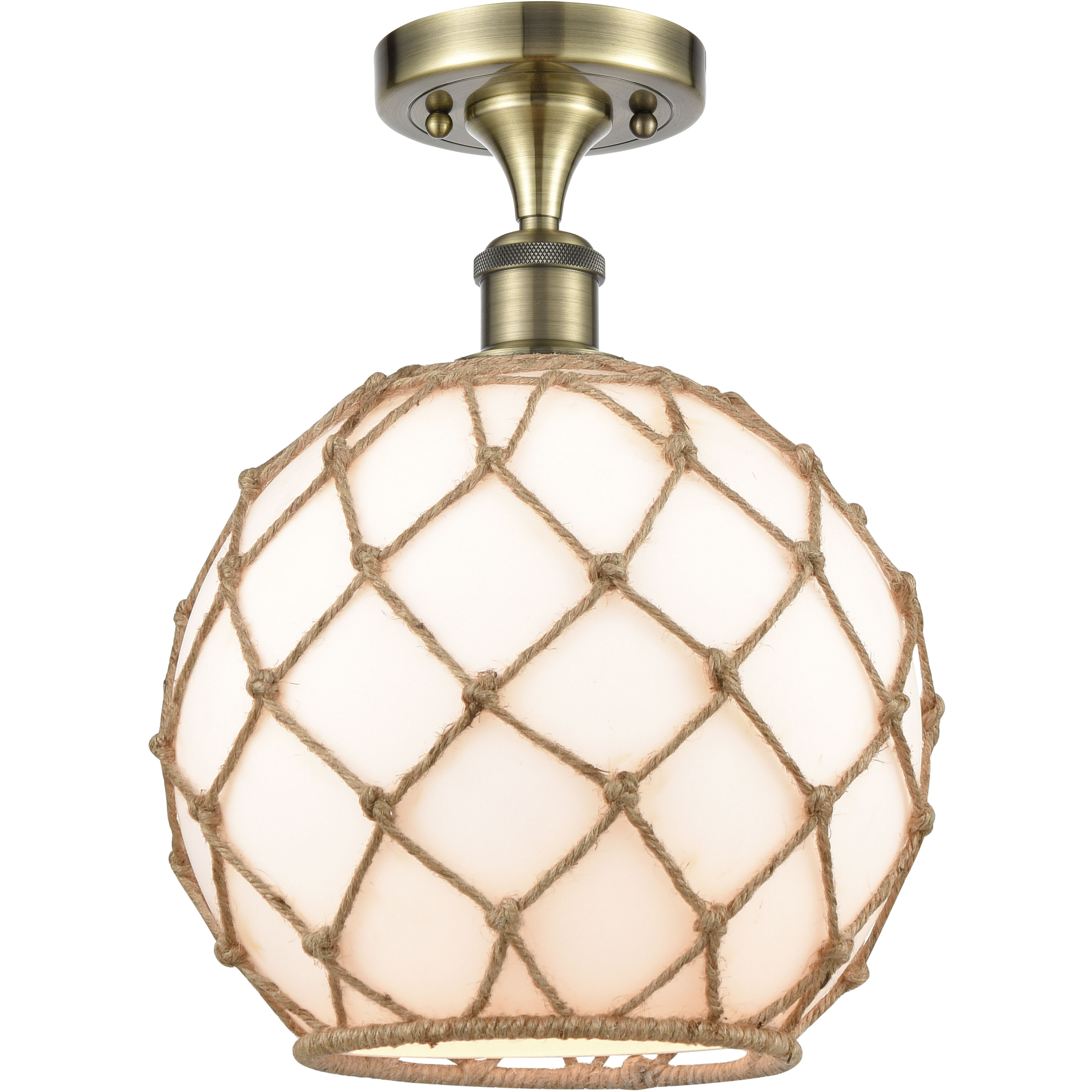 Ballston Large Farmhouse Rope LED 10 inch Antique Brass Semi-Flush Mount Ceiling Light in White Glass with Brown Rope, Ballston