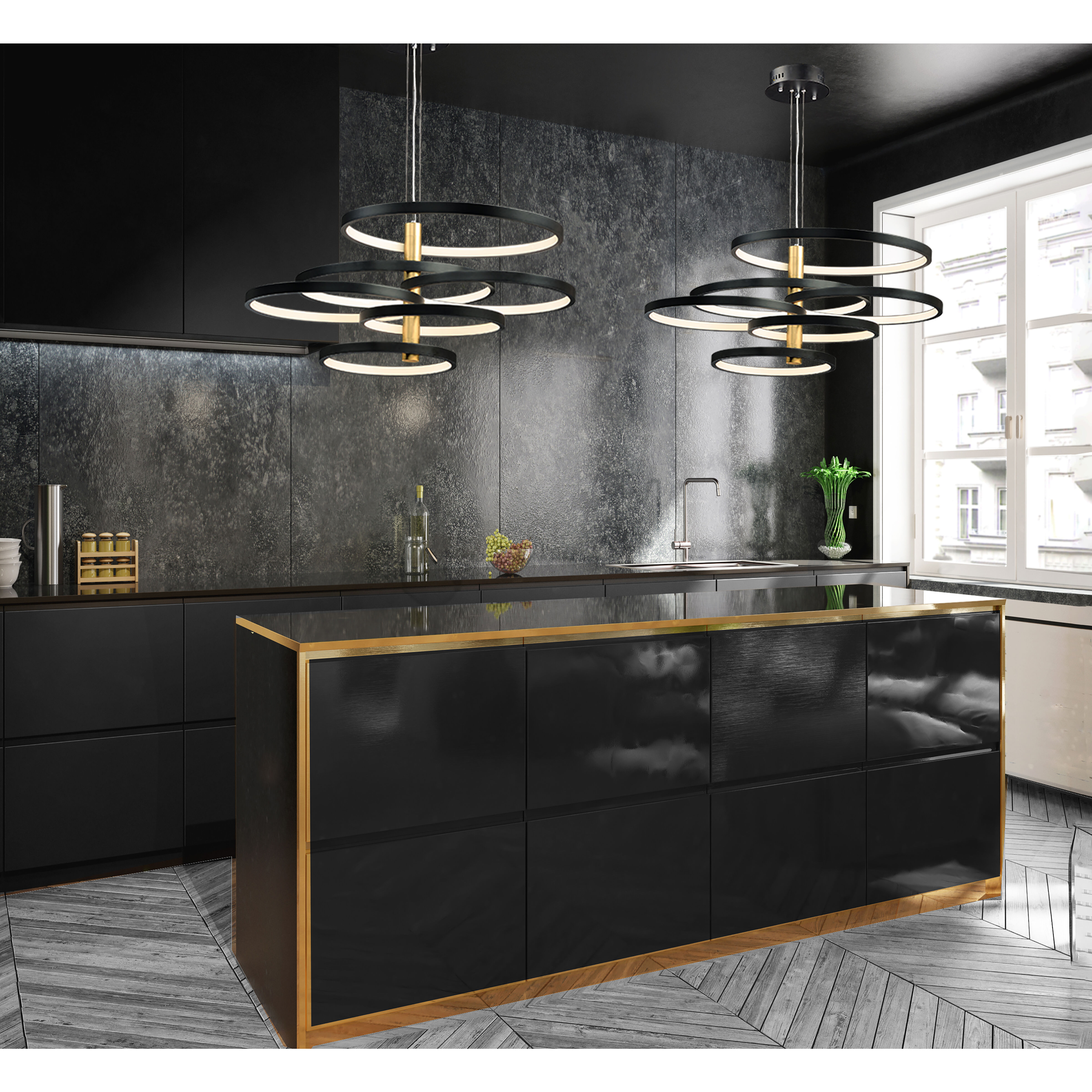 Hoopla LED 45.25 inch Black and Gold Multi-Light Pendant Ceiling Light