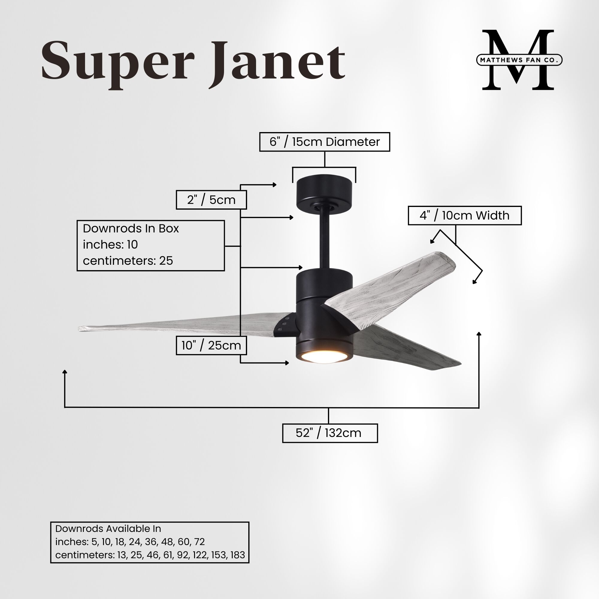 Atlas Super Janet 52 inch Matte Black with Barn Wood Tone Blades Ceiling Fan, Paddle Fan