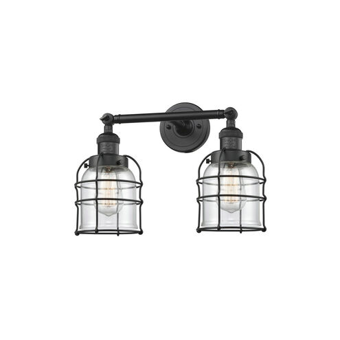 Franklin Restoration Small Bell Cage 2 Light 16 inch Matte Black Bath Vanity Light Wall Light in Clear Glass, Franklin Restoration