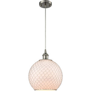 Ballston Large Farmhouse Chicken Wire 1 Light 10 inch Brushed Satin Nickel Mini Pendant Ceiling Light in White Glass with Nickel Wire, Ballston