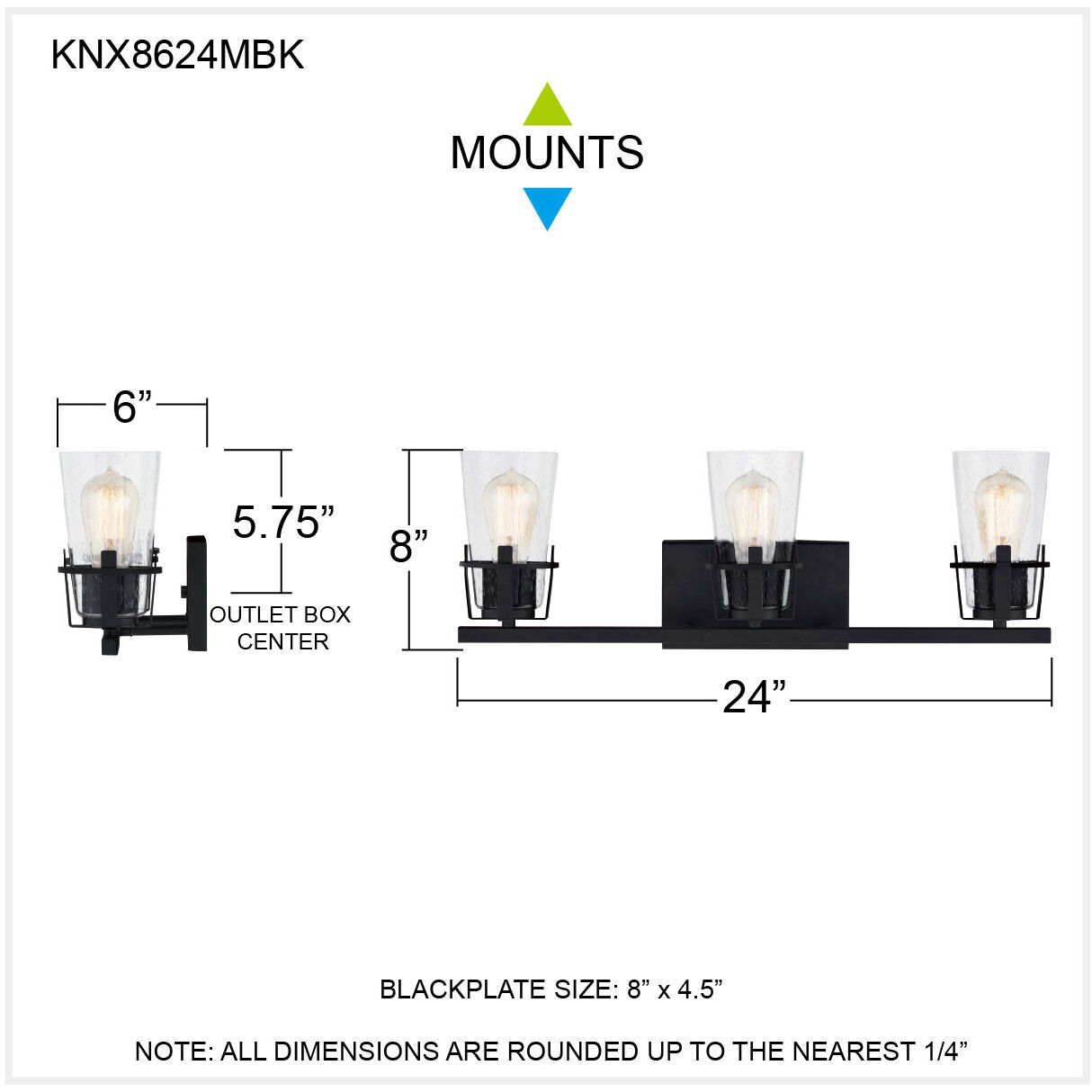 Knox 3 Light 24 inch Matte Black Bath Light Wall Light, Large