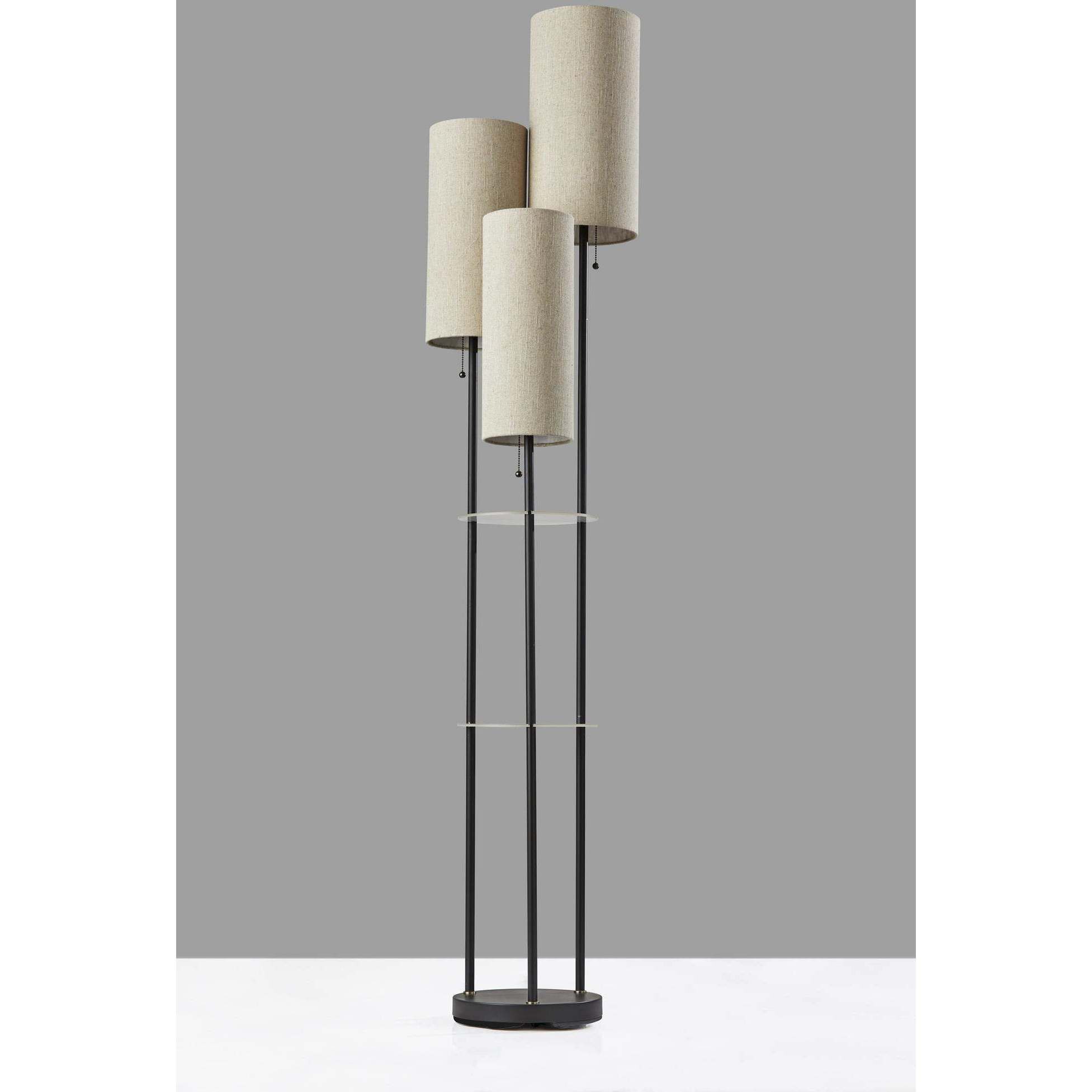 Trio 68 inch 40 watt Black with Antique Brass Accents Floor Lamp Portable Light in Light Brown Textured Fabric