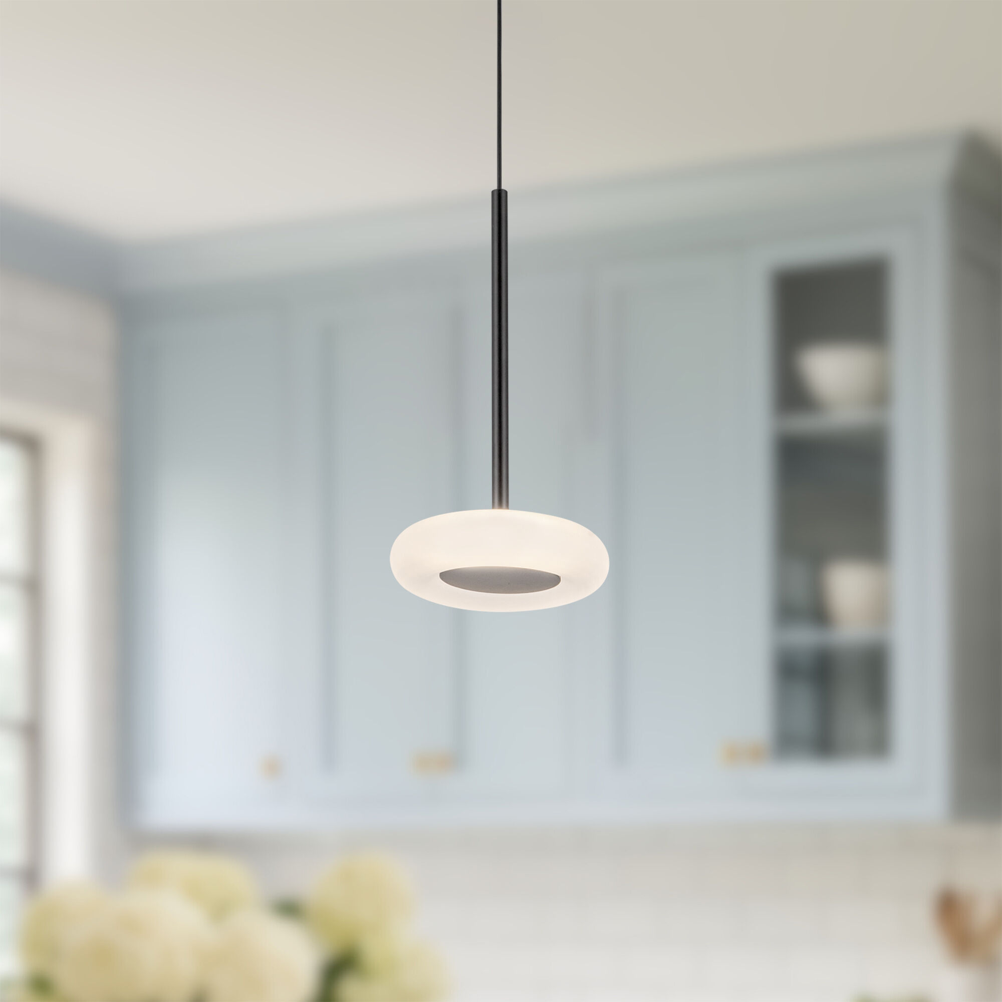Stephord Pendant Ceiling Light in Black, Frosted Glass Shade