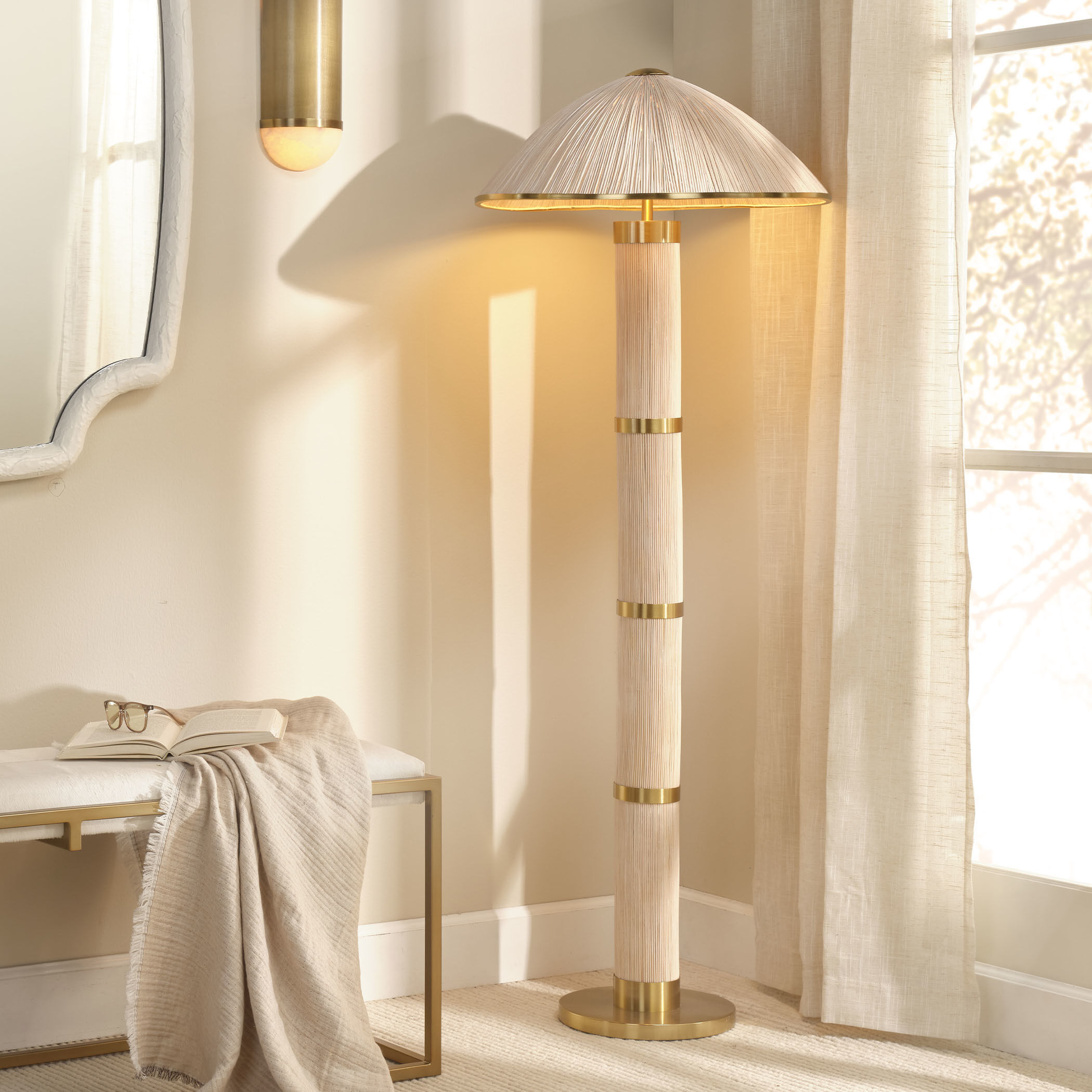 Seychelles 64 inch 60.00 watt White Washed Rattan and Polished Brass Floor Lamp Portable Light, Inline