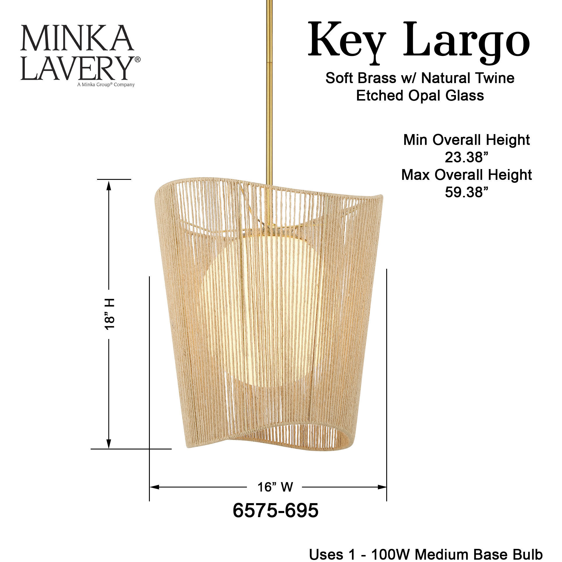 Key Largo 1 Light 16 inch Soft Brass Pendant Ceiling Light