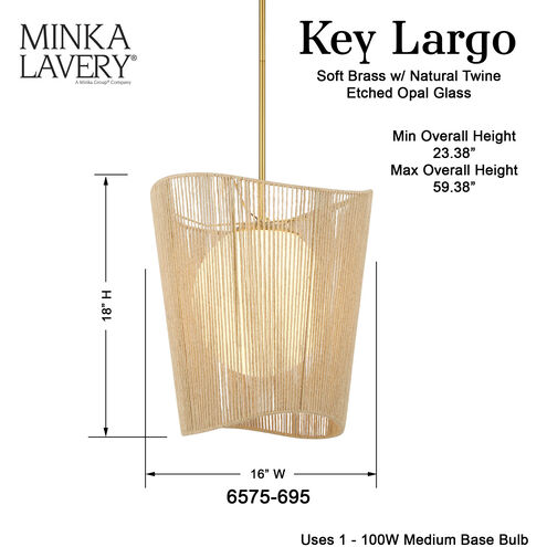 Key Largo 1 Light 16 inch Soft Brass Pendant Ceiling Light