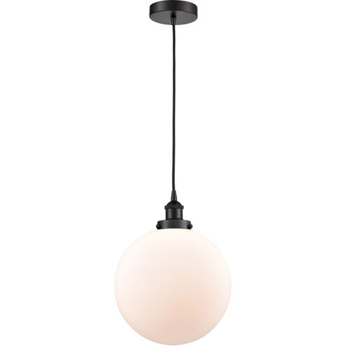 Edison Beacon LED 12 inch Matte Black Mini Pendant Ceiling Light in Matte White Glass