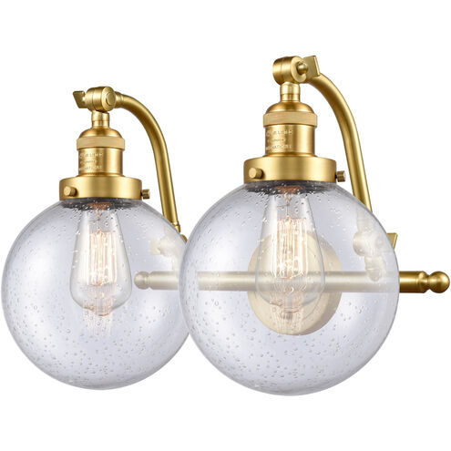 Franklin Restoration Large Beacon 2 Light 18 inch Satin Gold Bath Vanity Light Wall Light in Seedy Glass, Franklin Restoration
