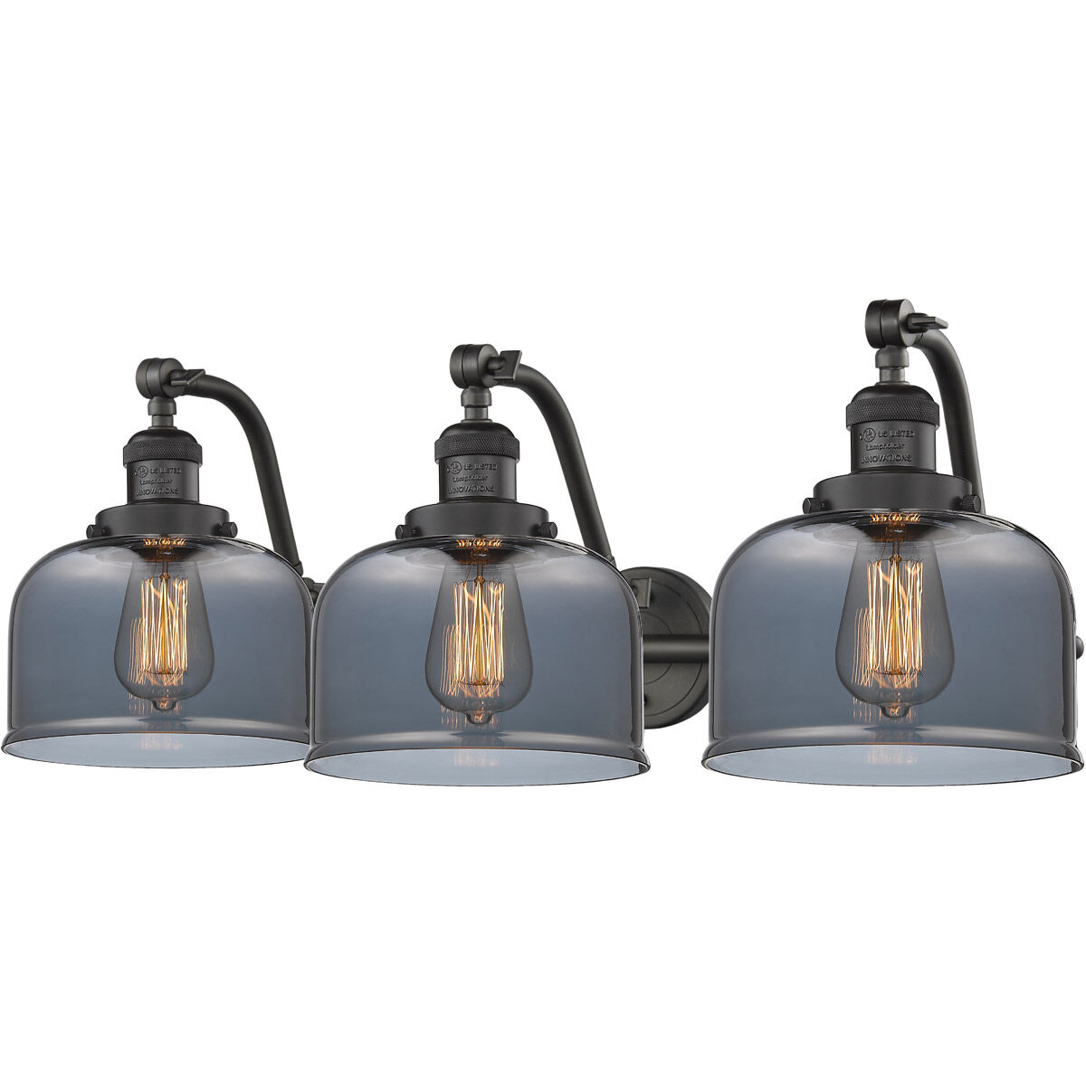 Franklin Restoration Large Bell 3 Light 28 inch Oil Rubbed Bronze Bath Vanity Light Wall Light in Plated Smoke Glass, Franklin Restoration