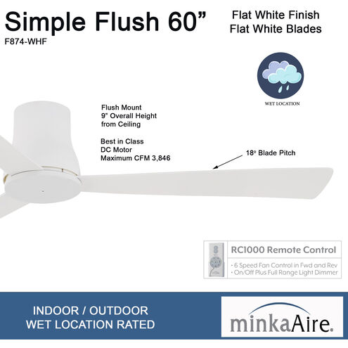 Simple Flush 60 inch Flat White Outdoor Hugger Fan