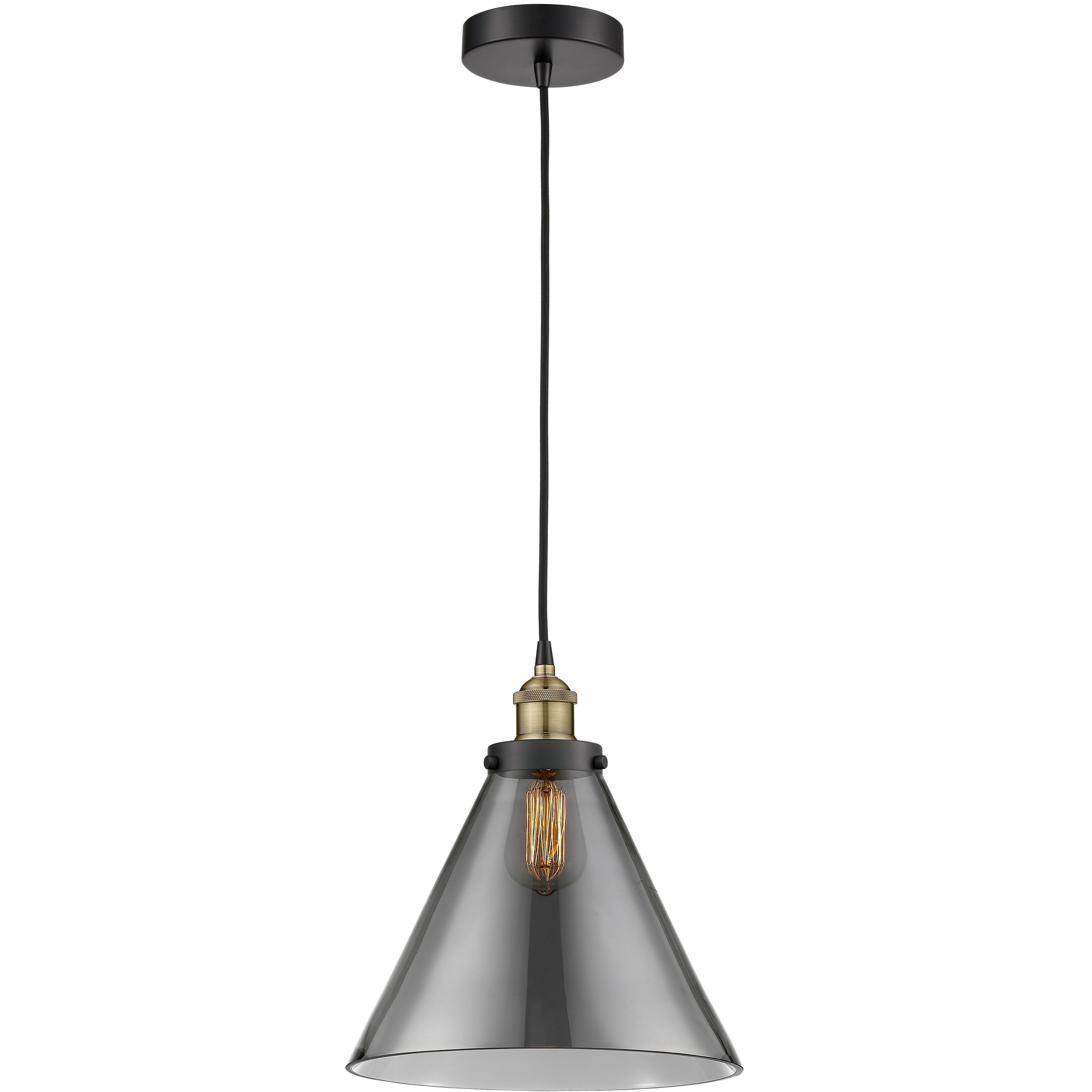 Cone 1 Light 12 inch Black Antique Brass Mini Pendant Ceiling Light in Plated Smoke Glass