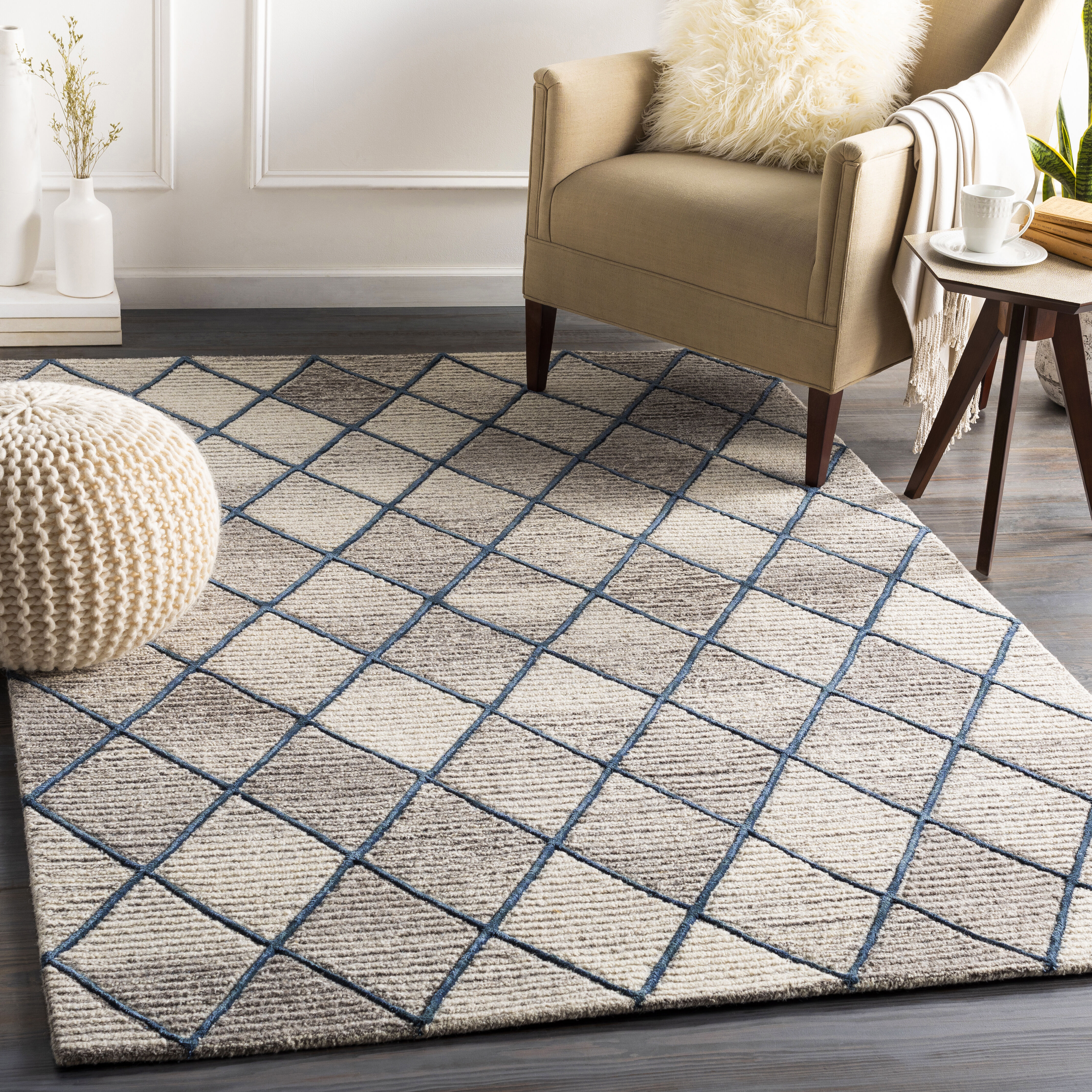 Eaton 108 X 72 inch Taupe/Dark Brown/Light Beige/Ink Blue Handmade Rug in 6 x 9, Rectangle