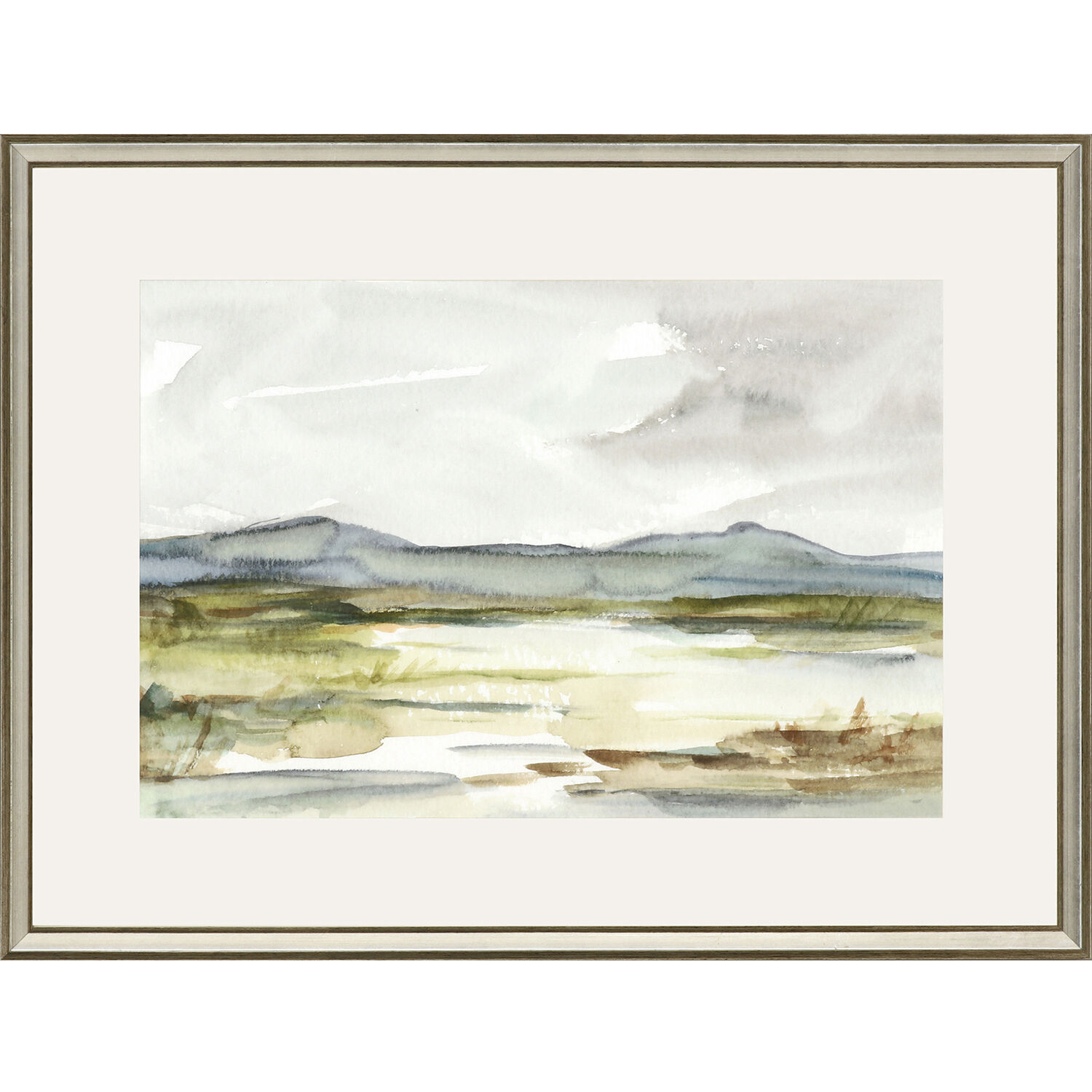 Overcast Wetland Green and Blue and Gray and Beige Framed Art