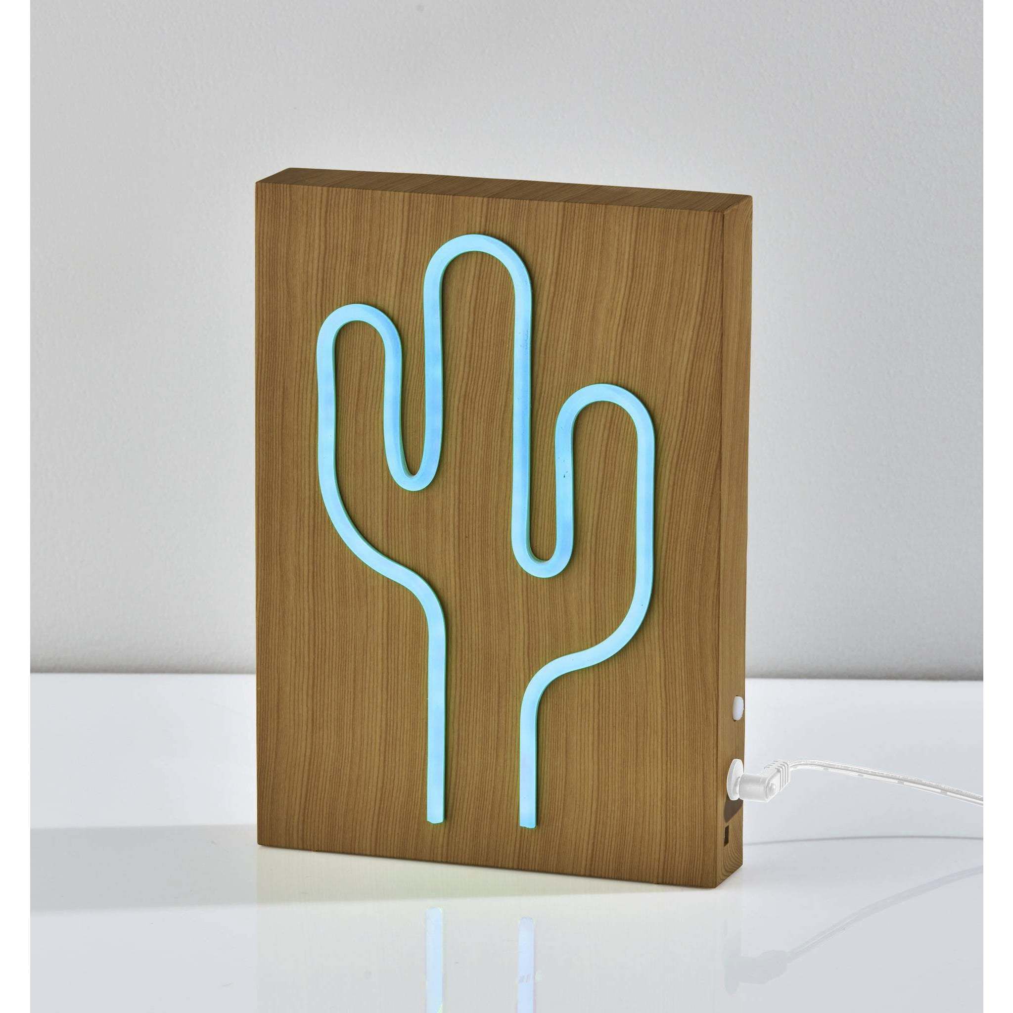 Wood Framed 9 inch 0.5 watt Natural Wood Grain on Plastic - Water Transfer Table/Wall Lamp Portable Light, Neon Cactus, Simplee Adesso