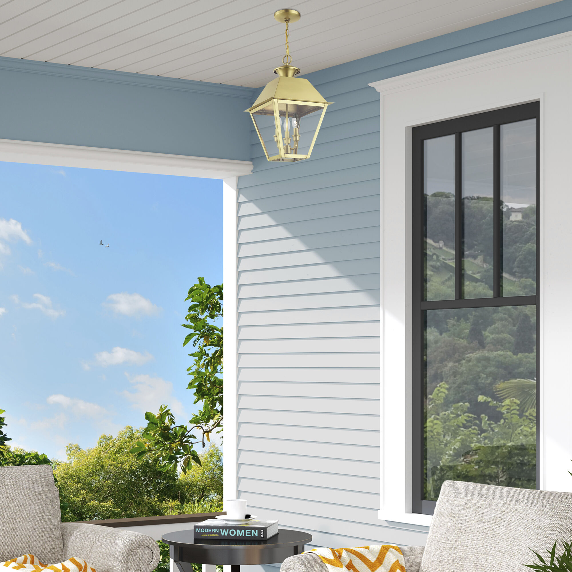 Wentworth 3 Light 12 inch Natural Brass Outdoor Pendant Lantern, Large