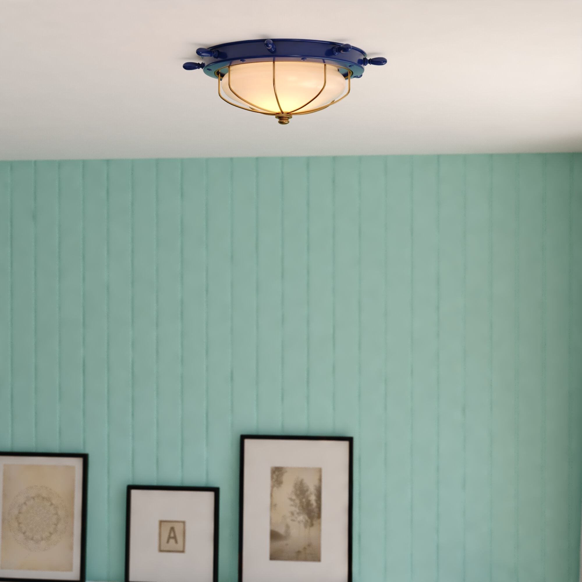 Orleans 2 Light 15 inch Navy Blue and Matte Gold Indoor Outdoor Flush Mount, Ship Wheel