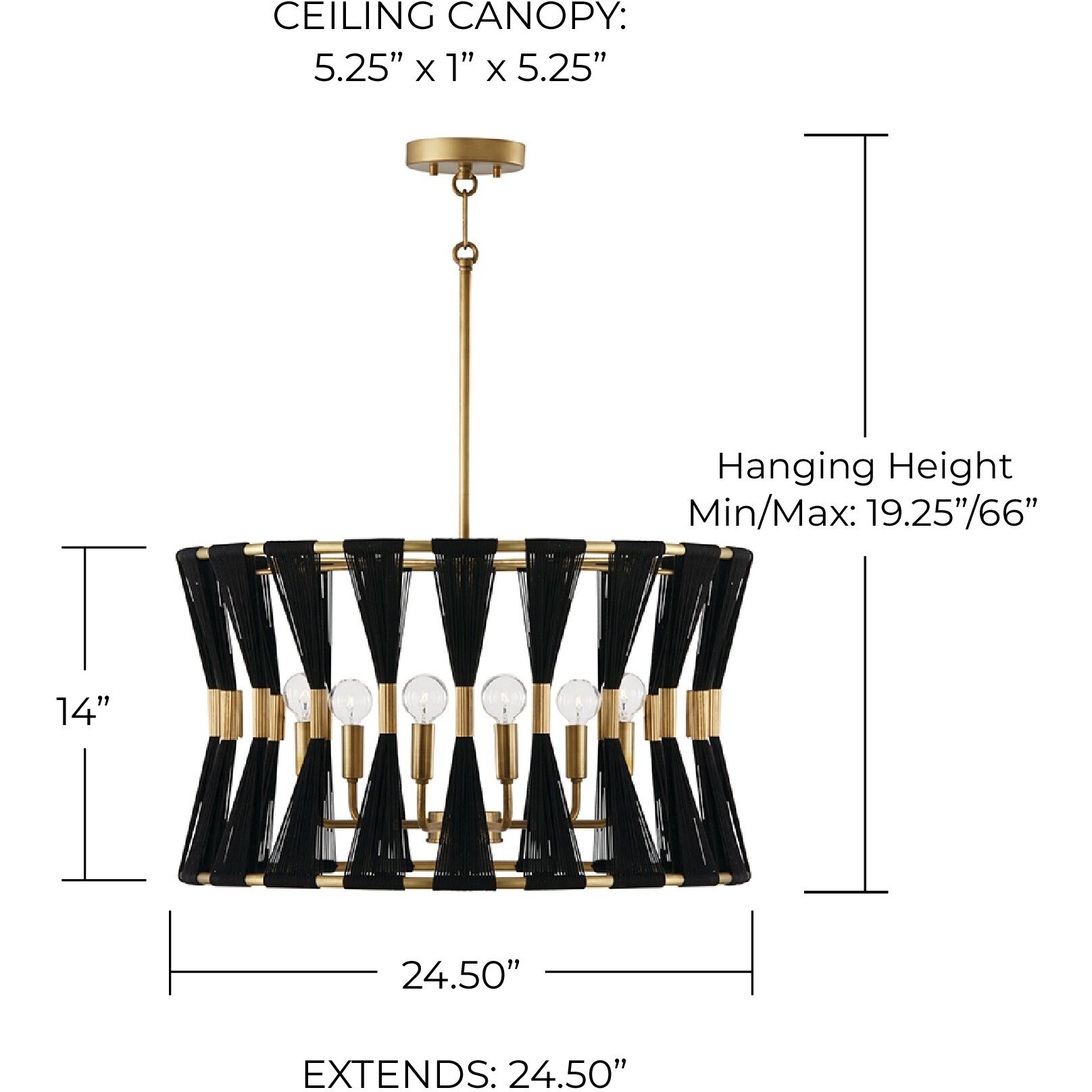 Bianca 6 Light 25 inch Black Rope and Patinaed Brass Pendant Ceiling Light