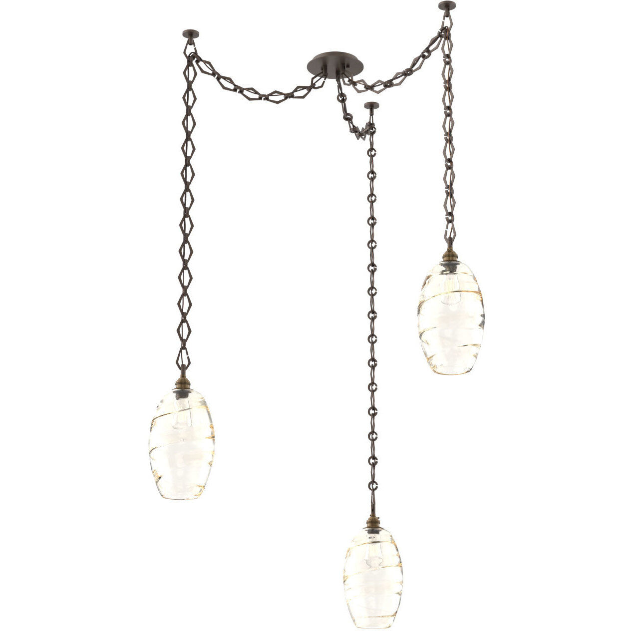 Ellisse 3 Light 15.5 inch Flat Bronze Swag Multi-Pendant Ceiling Light in Optic Rib Amber, Diamond Chain
