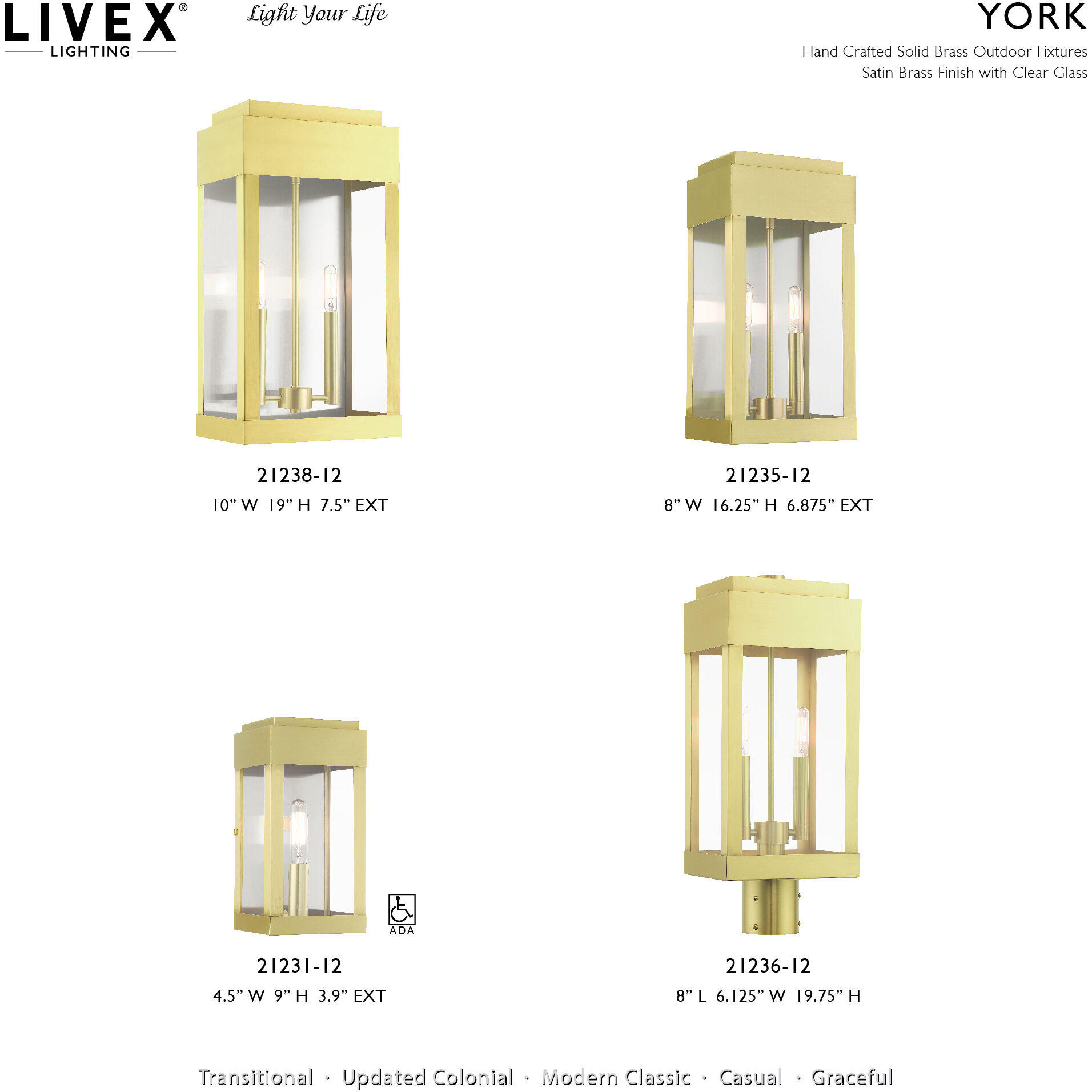 York 2 Light 19 inch Satin Brass Outdoor Wall Lantern
