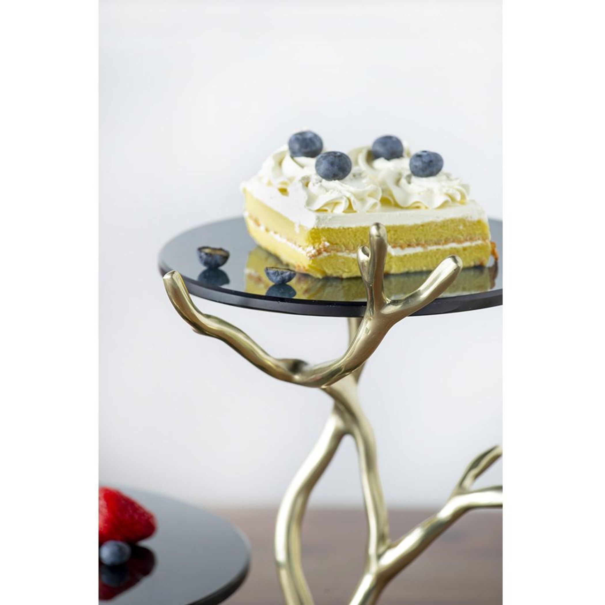 Anita 16.9 X 12.4 inch Polished Gold Finished Aluminum with Black Float Glass/Black Granite Base Cake Stand