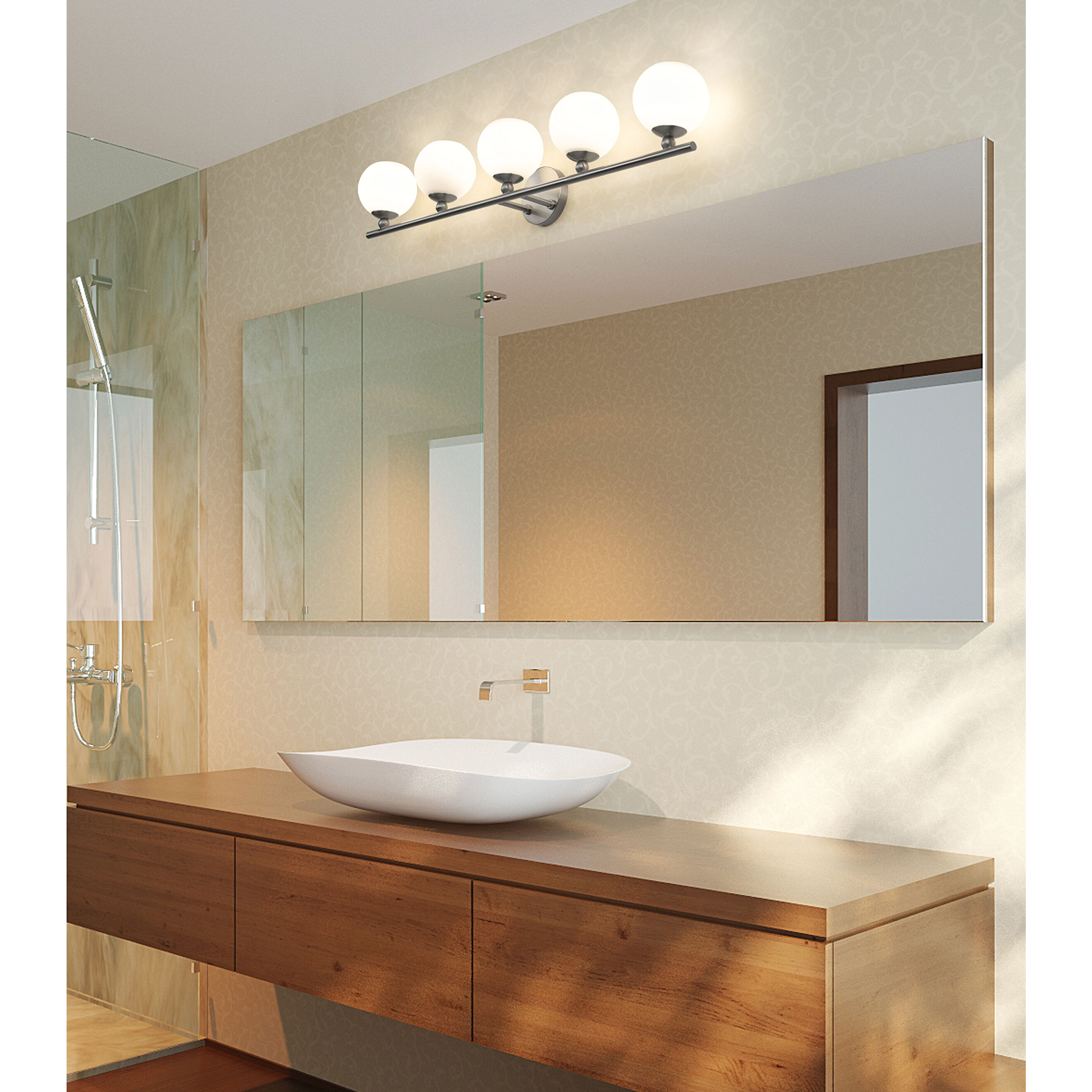 Brushed nickel and wood vanity light deals