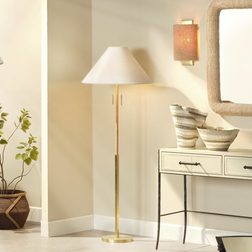 Harrison 64.75 inch 75 watt Brushed Brass and Natural Rattan Floor Lamp Portable Light, Inline