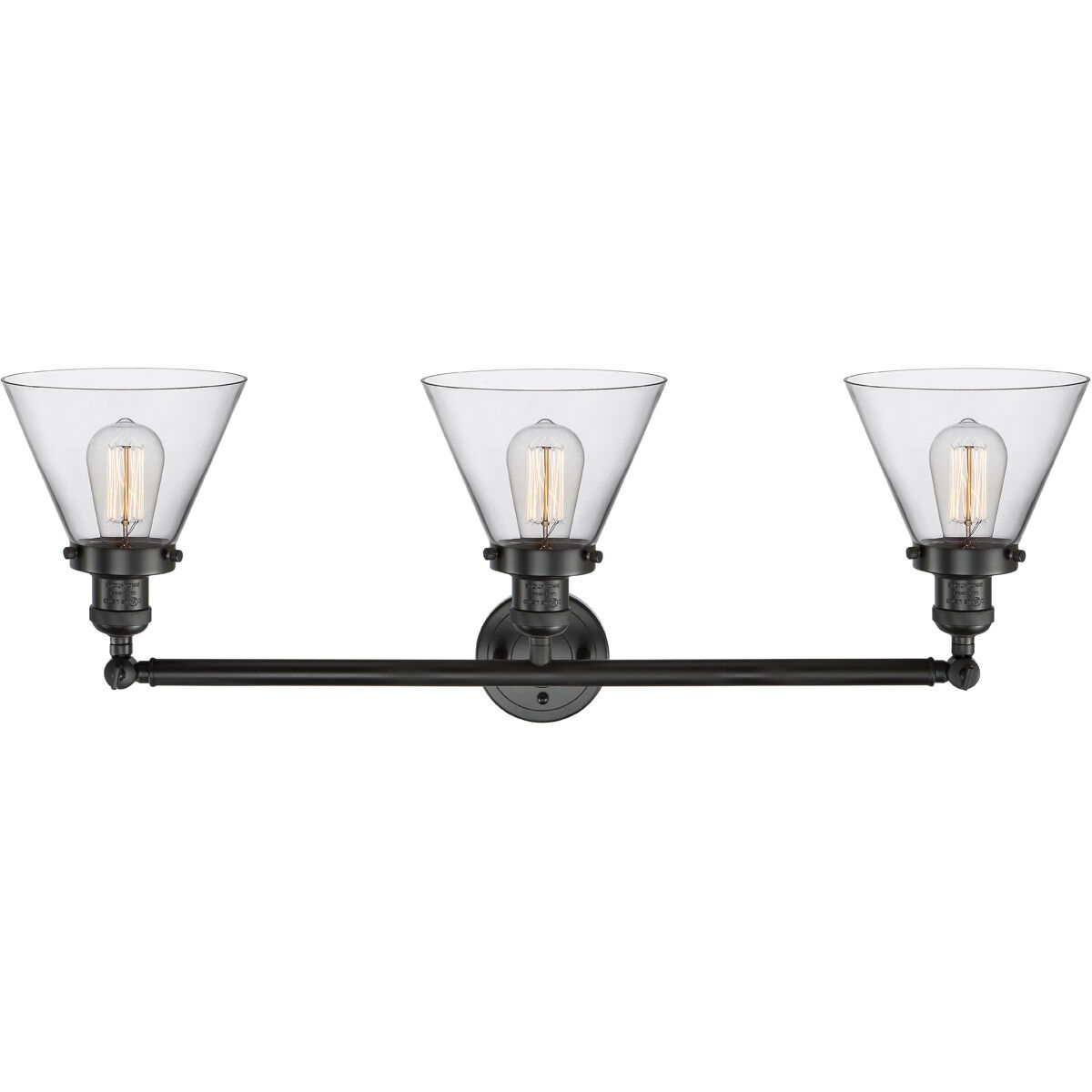 Franklin Restoration Large Cone 3 Light 32 inch Matte Black Bath Vanity Light Wall Light in Clear Glass, Franklin Restoration