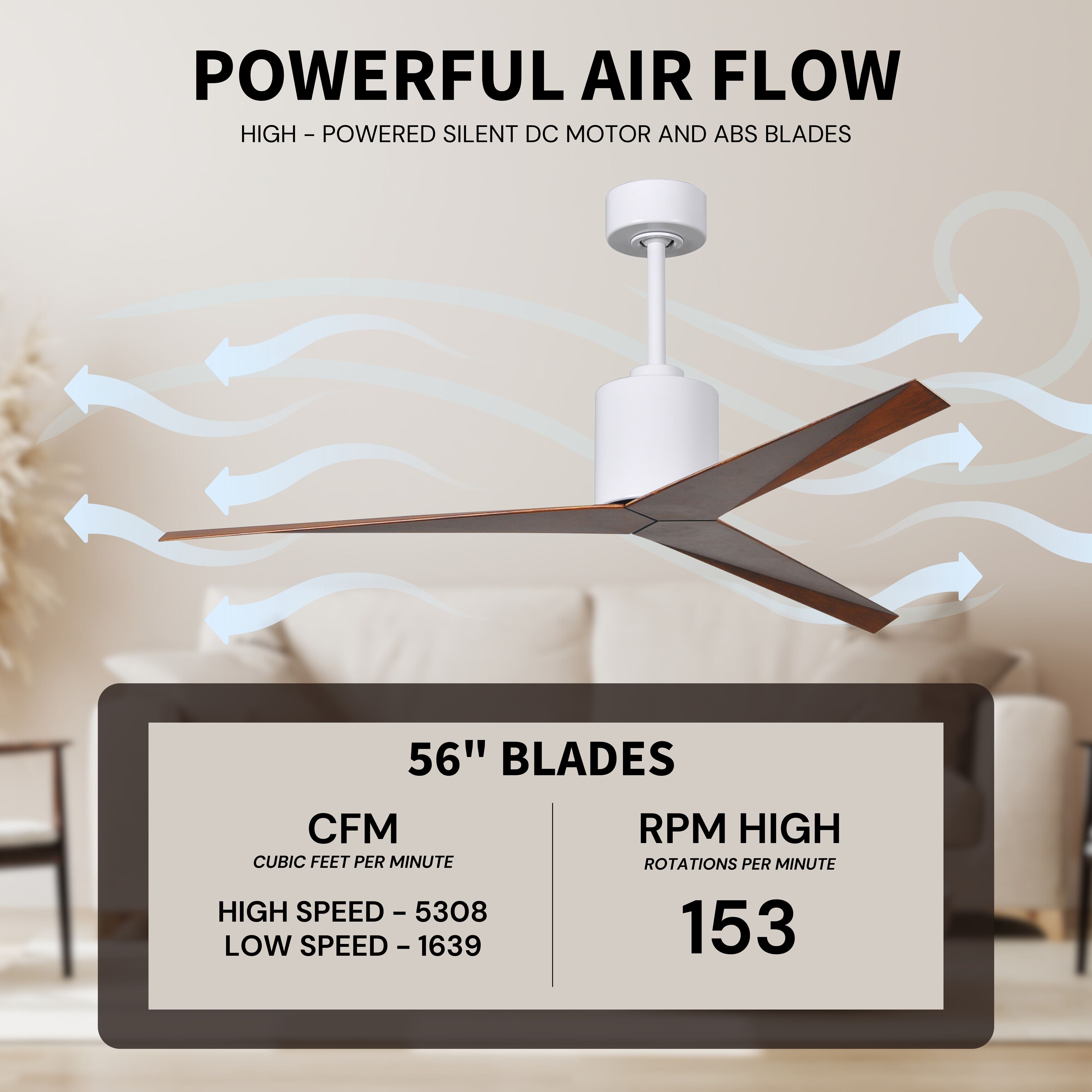 Atlas Eliza 56 inch Gloss White with Walnut Tone Blades Ceiling Fan, Paddle Fan