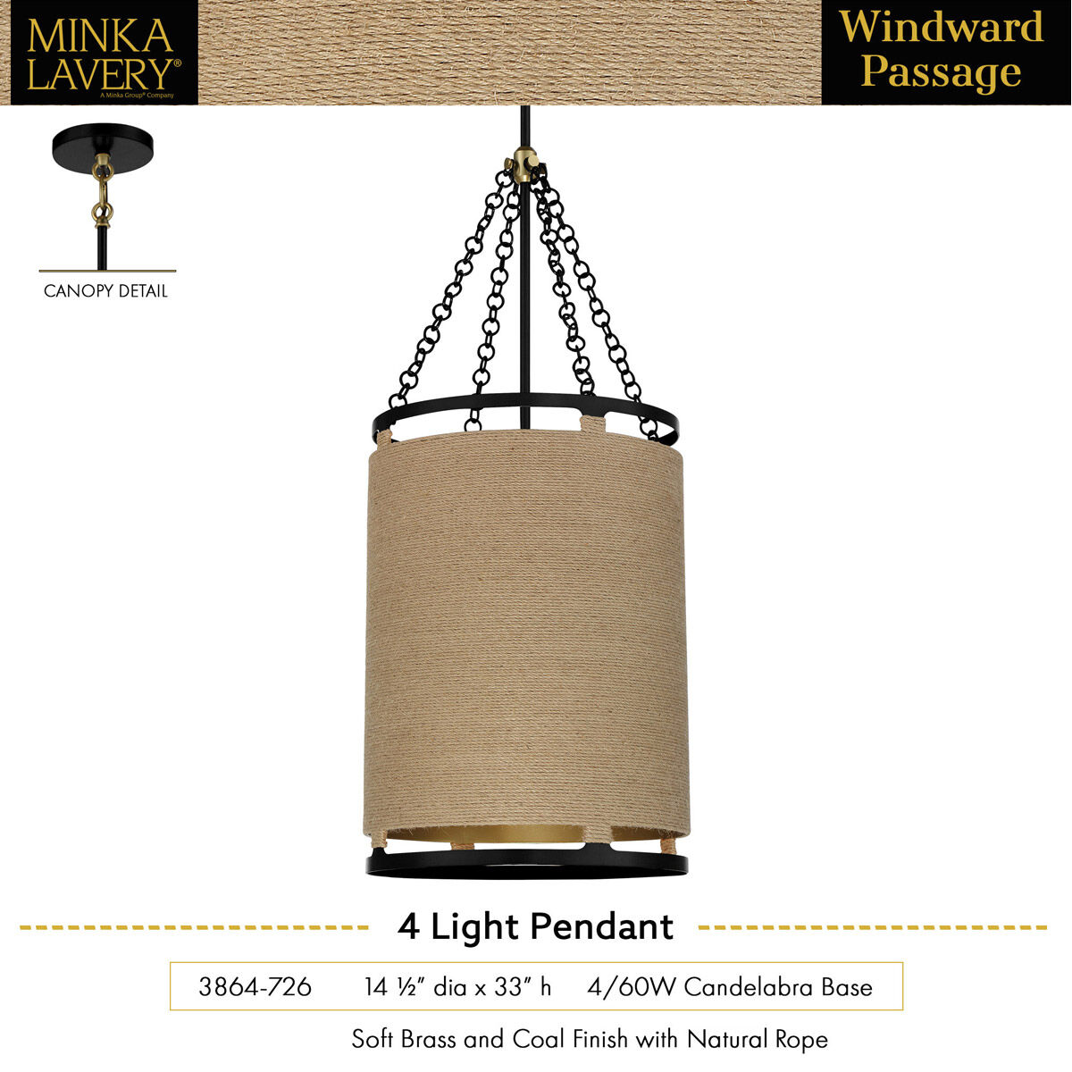 Windward Passage 4 Light 15 inch Coal And Soft Brass Pendant Ceiling Light