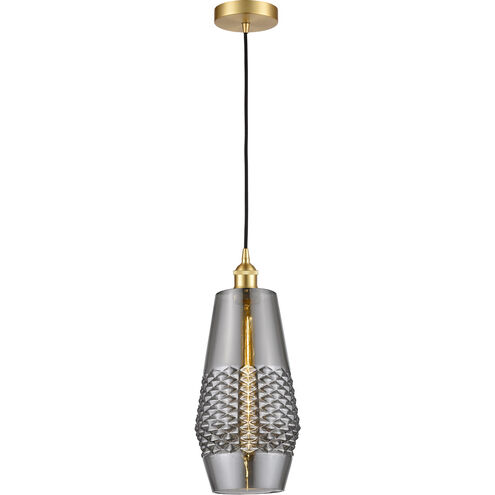 Edison Windham LED 7 inch Satin Gold Mini Pendant Ceiling Light in Plated Smoke Glass